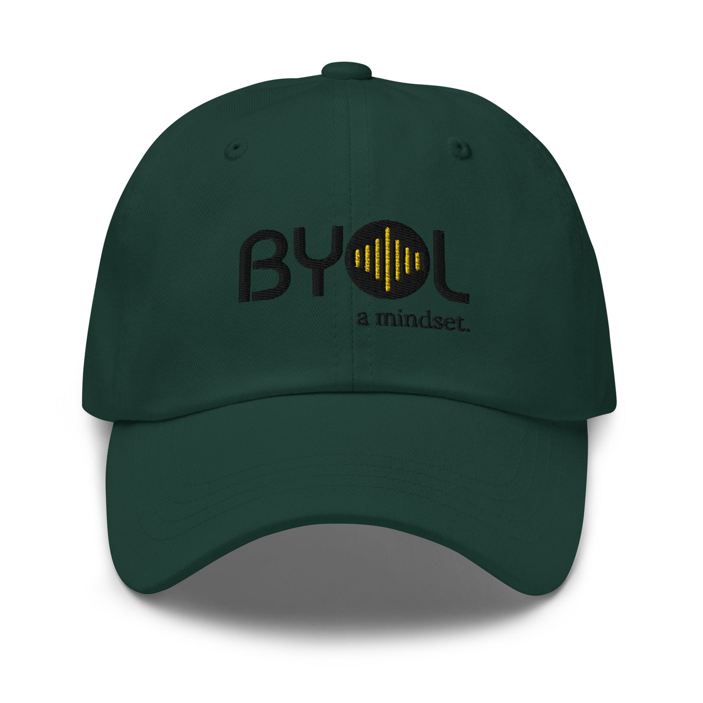 Green classic dad hat with "BYOL a mindset" embroidered on the front in black and yellow, displayed against a clean background. Available in various colors: black, gray, green, pink, and white.