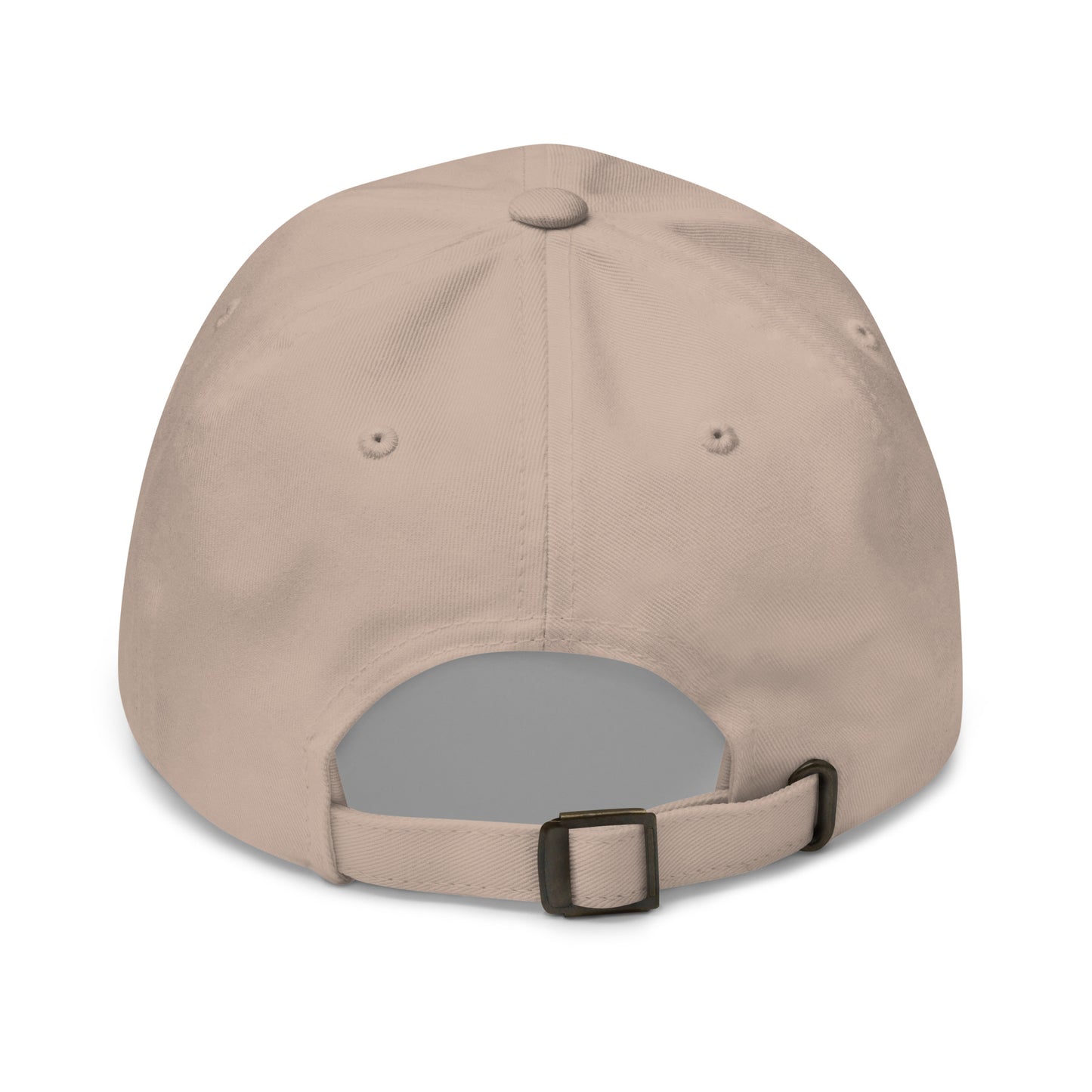 The back of a stone dad hat features an adjustable strap with a metal buckle for sizing.