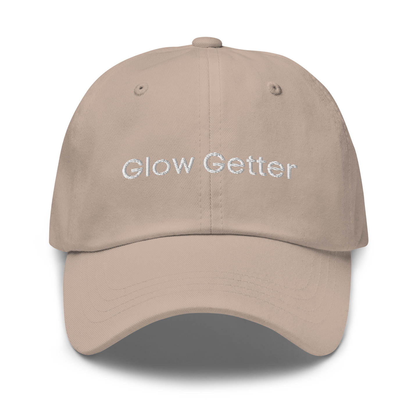 Stone baseball cap with white embroidered text 'Glow Getter' on the front.