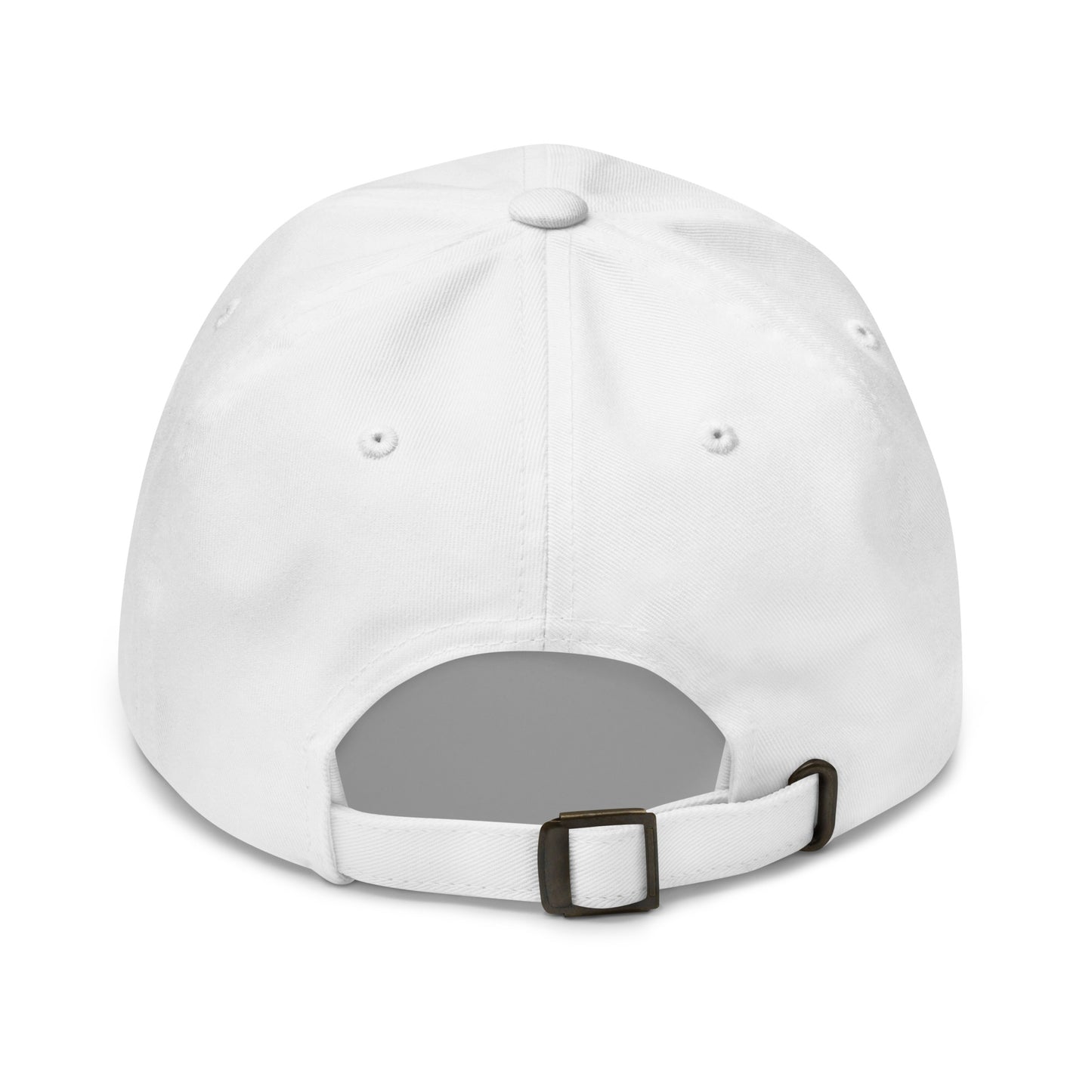 Back view of a white classic dad hat featuring an adjustable strap with a metal buckle, displayed against a clean background. Available in various colors: black, gray, green, pink, and white.