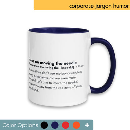 White coffee mug with navy blue handle and interior, featuring the corporate phrase "Focus on moving the needle" with a humorous definition about metaphorical business progress, shown with options for color customization.