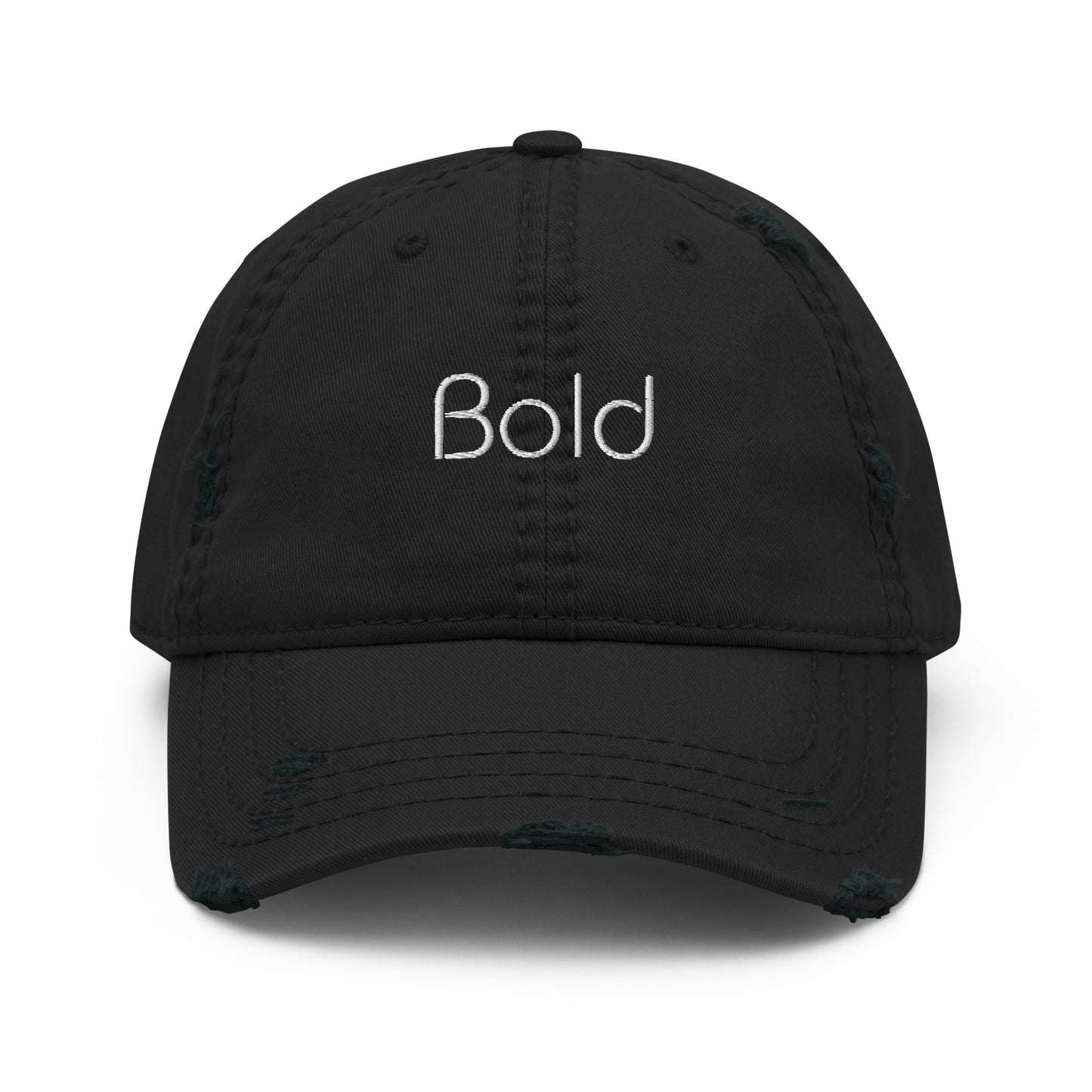 A black dad hat with a slightly distressed brim and crown, featuring the word "Bold" embroidered in white on the front.