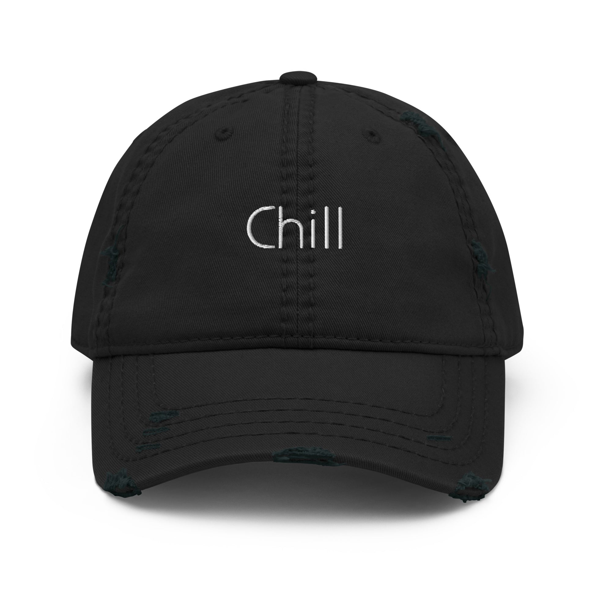 A black dad hat with a slightly distressed brim and crown, featuring the word "chill" embroidered in white on the front.