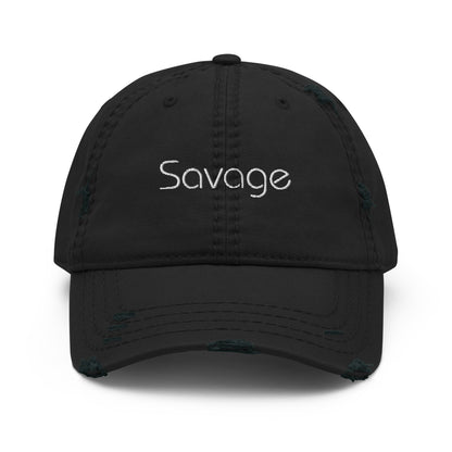 A black dad hat with a slightly distressed brim and crown, featuring the word "Savage" embroidered in white on the front.