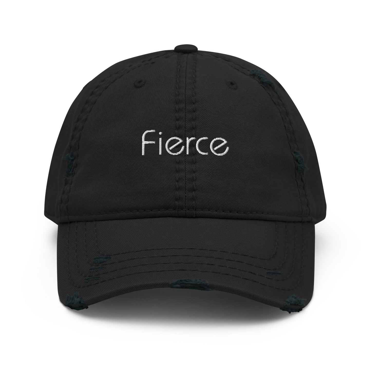 A back dad hat with a slightly distressed brim and crown, featuring the word "Fierce" embroidered in white on the front.