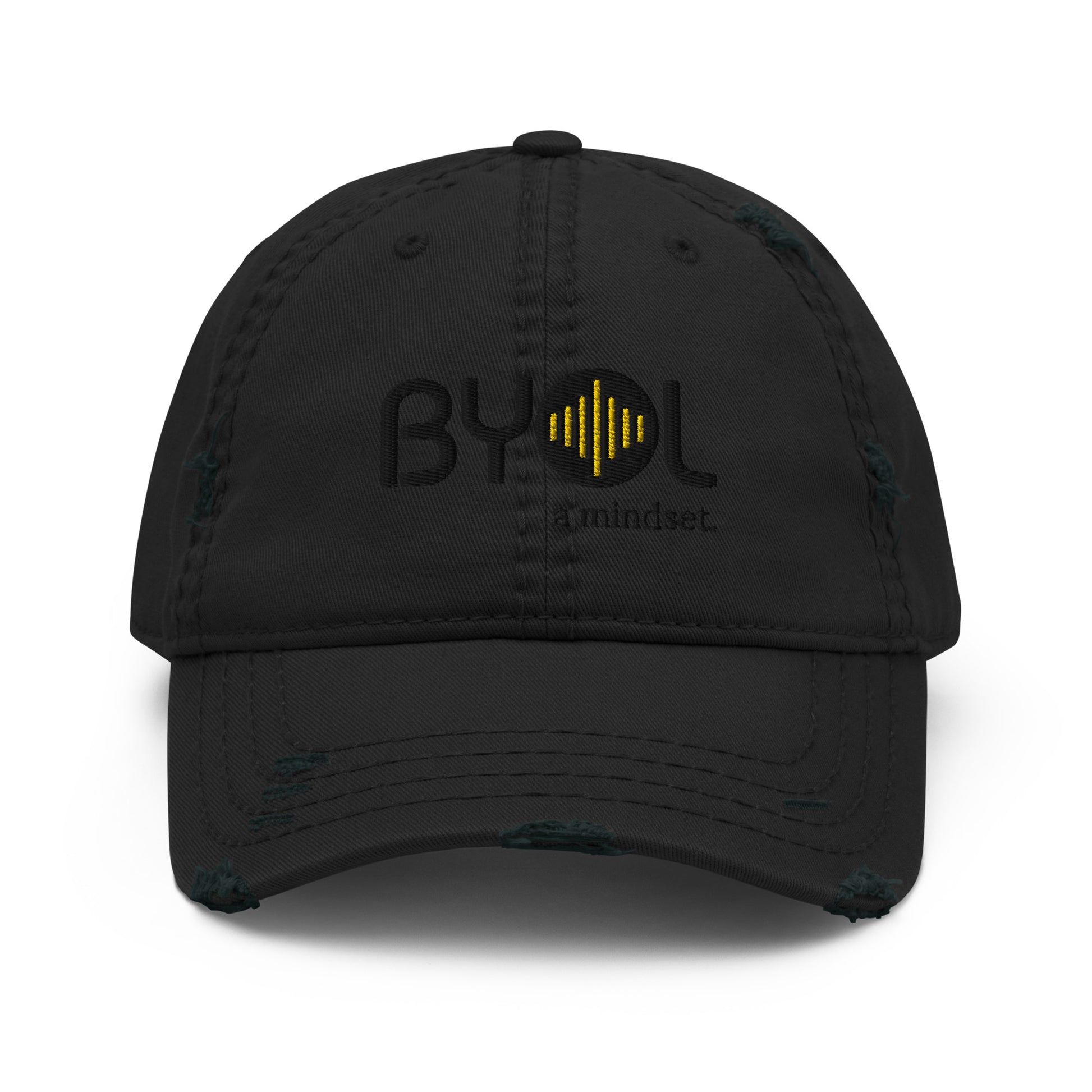 Black distressed dad hat with "BYOL a mindset" embroidered on the front in black and yellow, displayed against a clean background. Available in various colors: black, navy blue, gray, green, and beige.