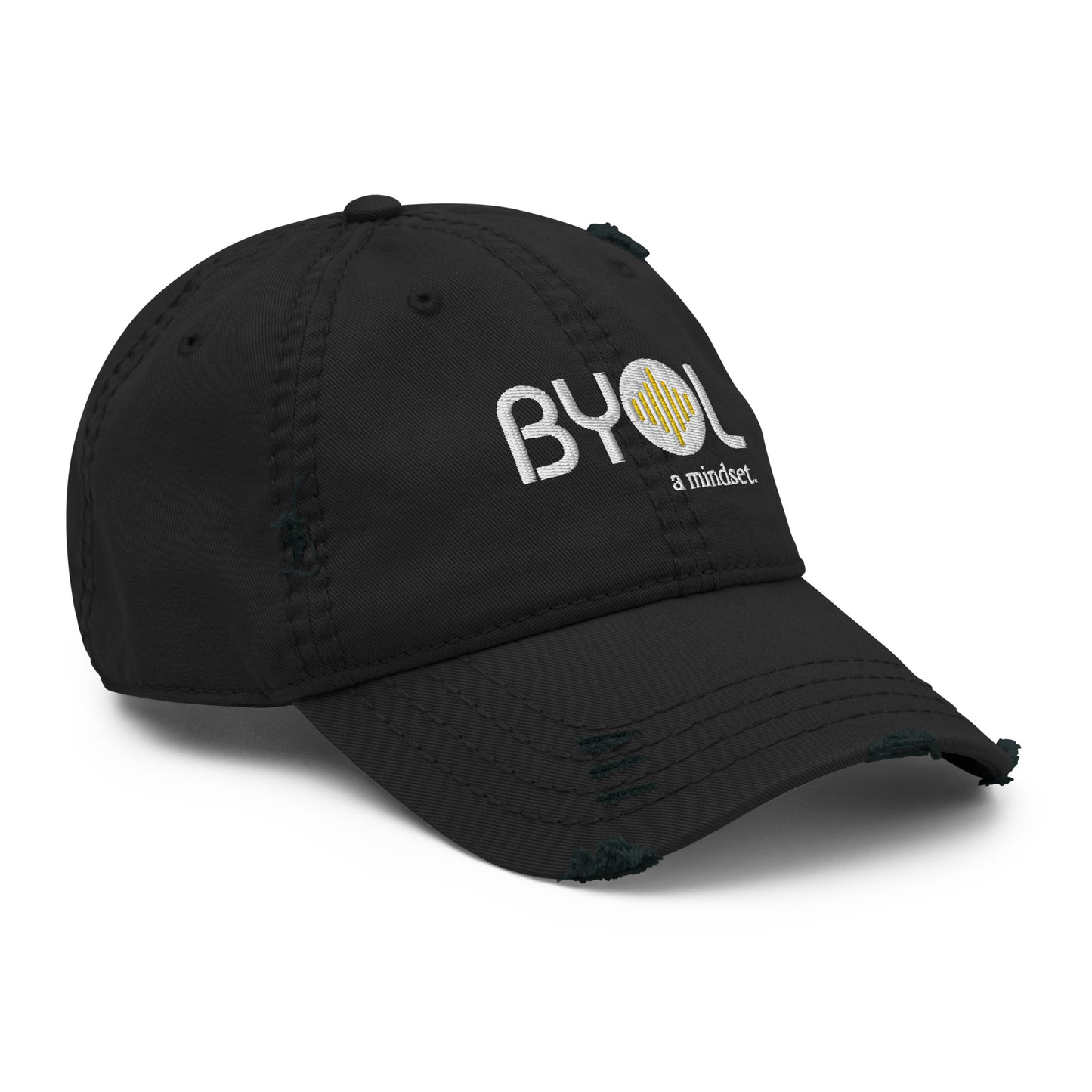 Black distressed dad hat with "BYOL a mindset" embroidered on the front in white and yellow, featuring intentional wear and tear details, displayed against a clean background. Available in various colors: black, navy blue, gray, green, and beige.