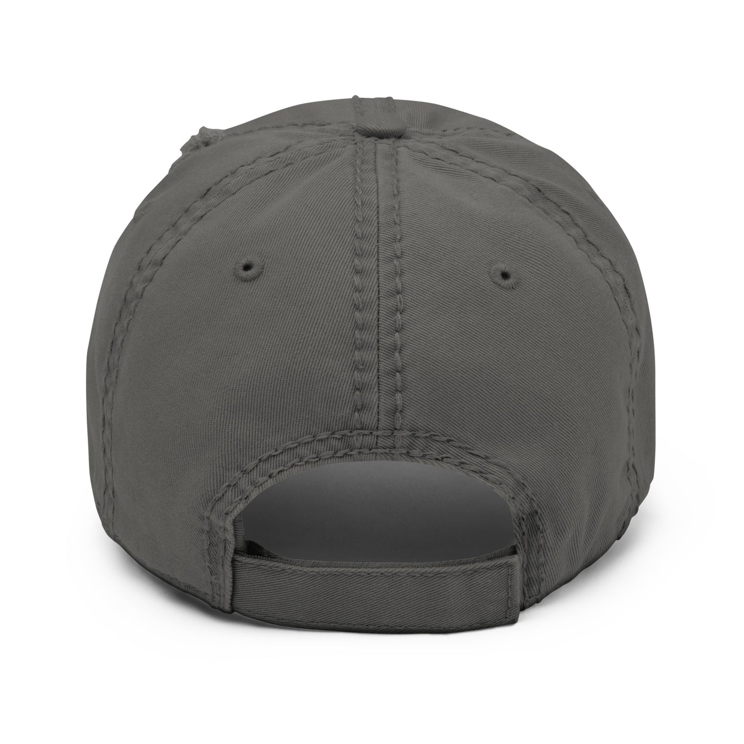 The back view of a grey baseball cap with an adjustable strap, showcasing a clean and straightforward design.