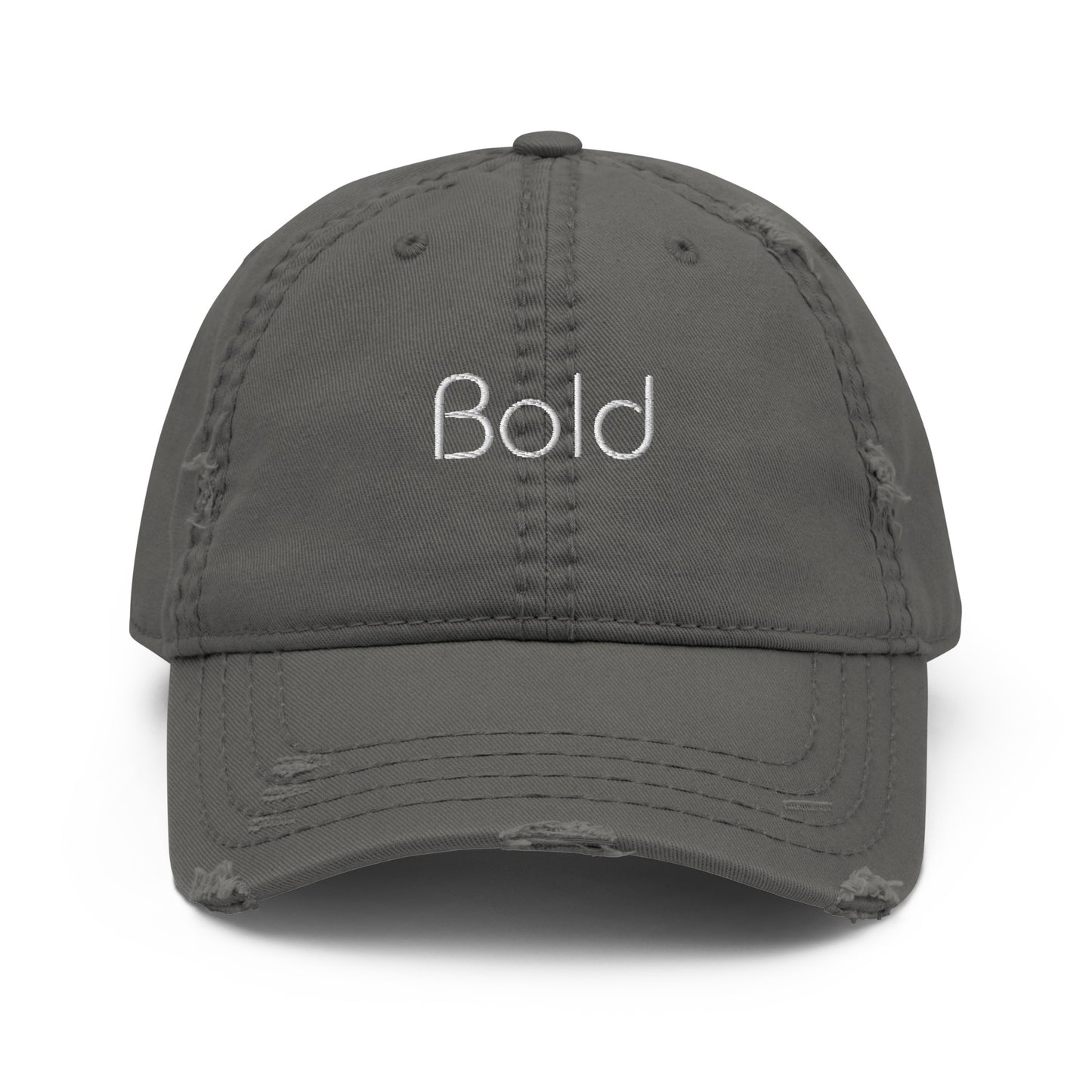 A grey dad hat with a slightly distressed brim and crown, featuring the word "Bold" embroidered in white on the front.