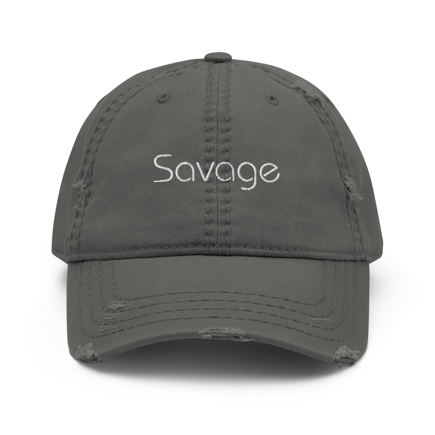 A grey dad hat with a slightly distressed brim and crown, featuring the word "Savage" embroidered in white on the front.