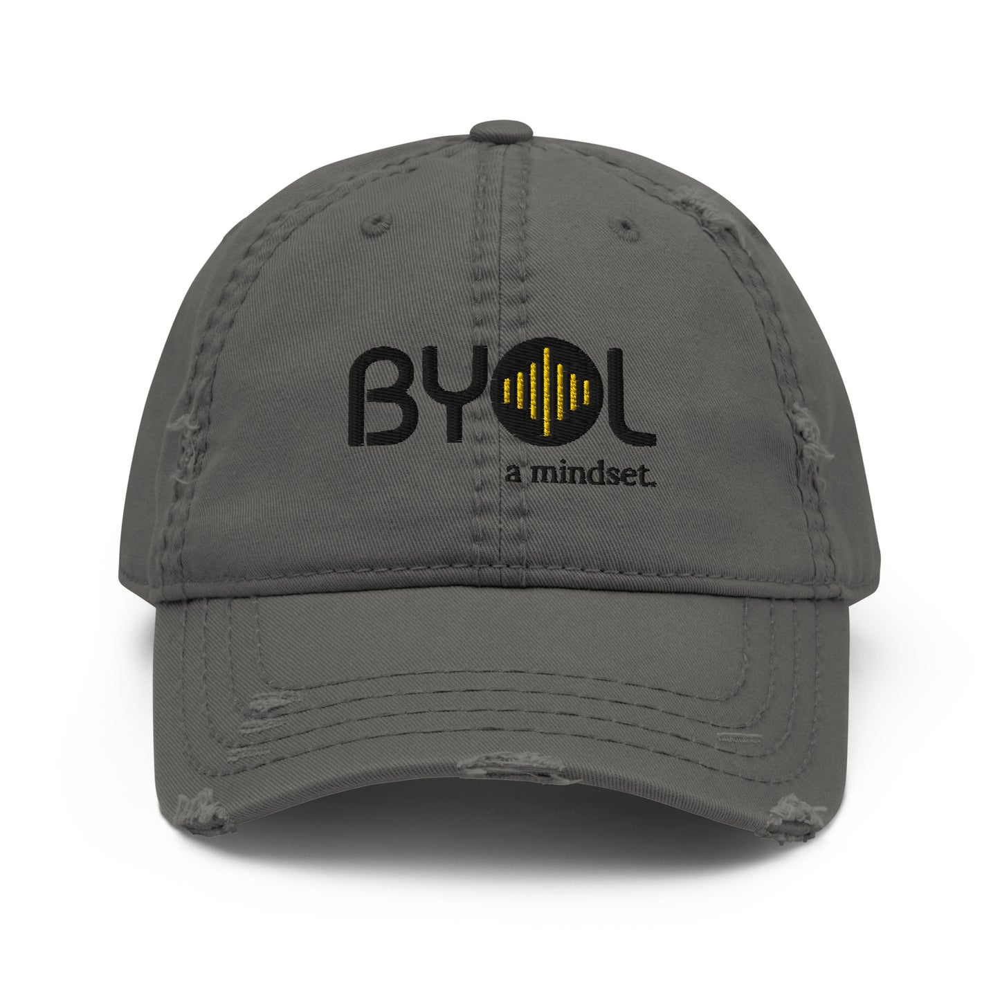 Grey distressed dad hat with "BYOL a mindset" embroidered on the front in black and yellow, displayed against a clean background. Available in various colors: black, navy blue, gray, green, and beige.