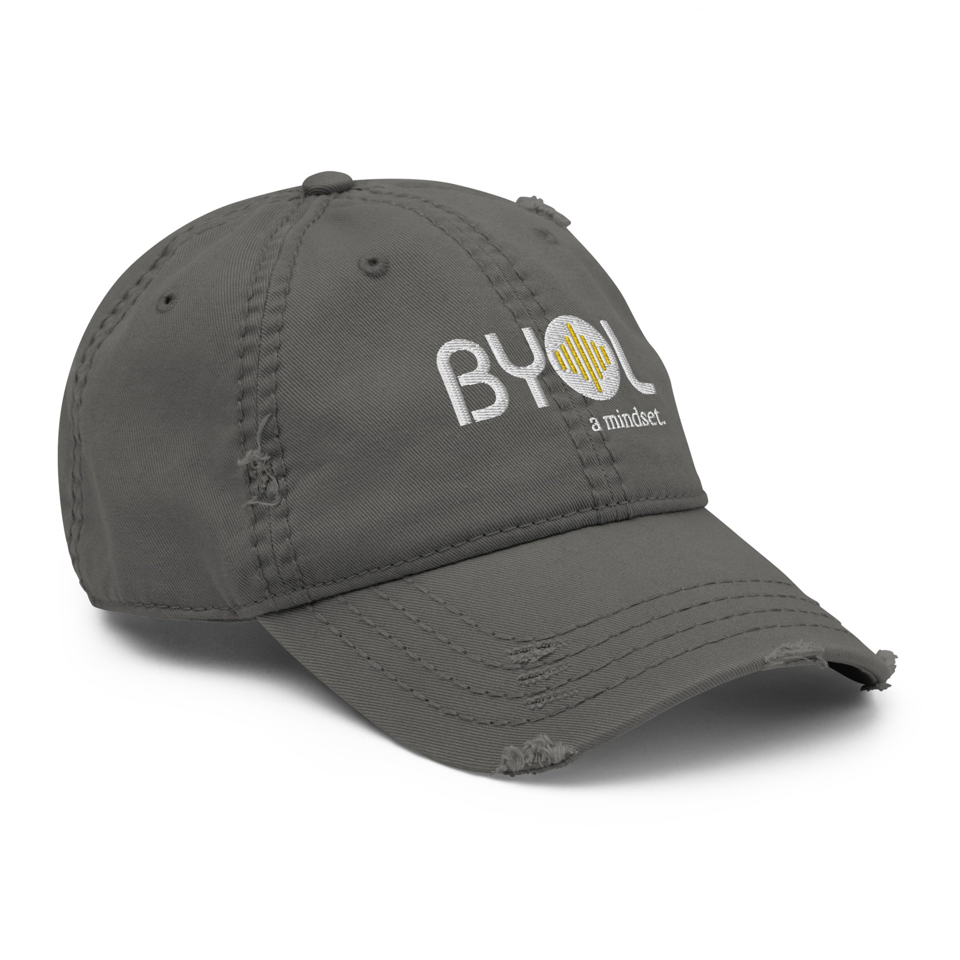 Black distressed dad hat with "BYOL a mindset" embroidered on the front in white and yellow, featuring intentional wear and tear details, displayed against a clean background. Available in various colors: black, navy blue, gray, green, and beige.