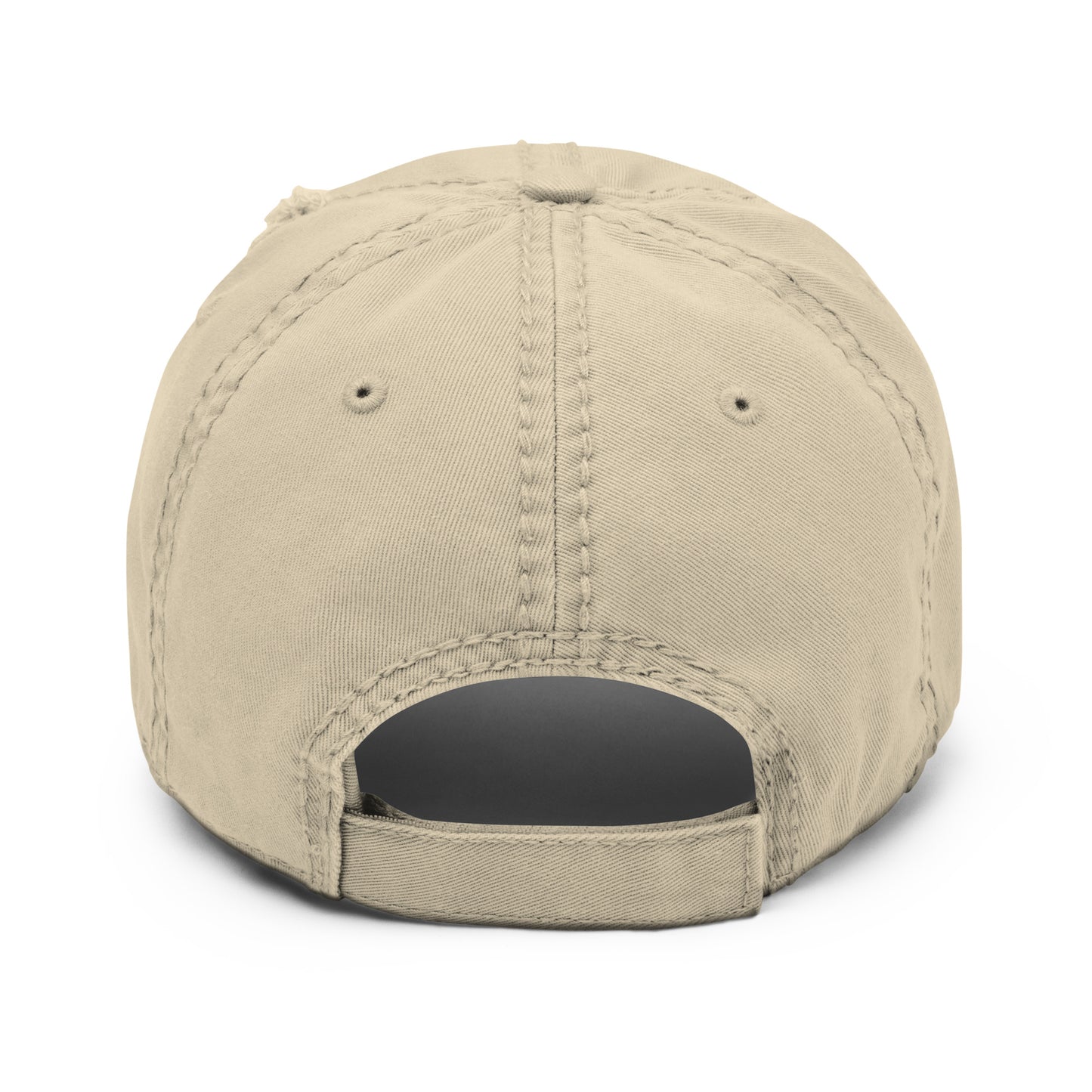 The back view of a khaki baseball cap with an adjustable strap, showcasing a clean and straightforward design.