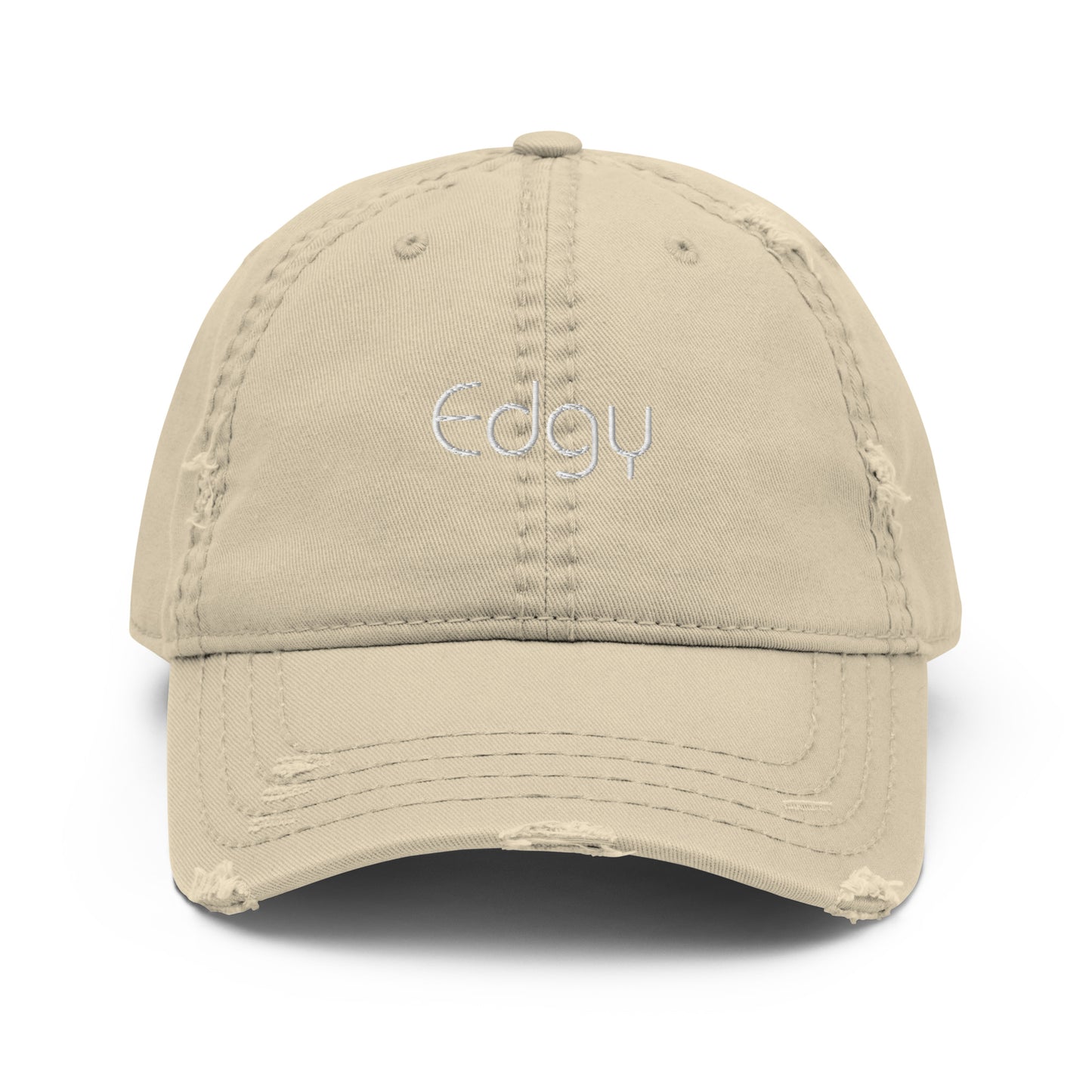 A front view of a khaki distressed baseball cap with the word "Edgy" embroidered in white on the front panel, featuring a frayed brim and distressed details for a worn, stylish look.