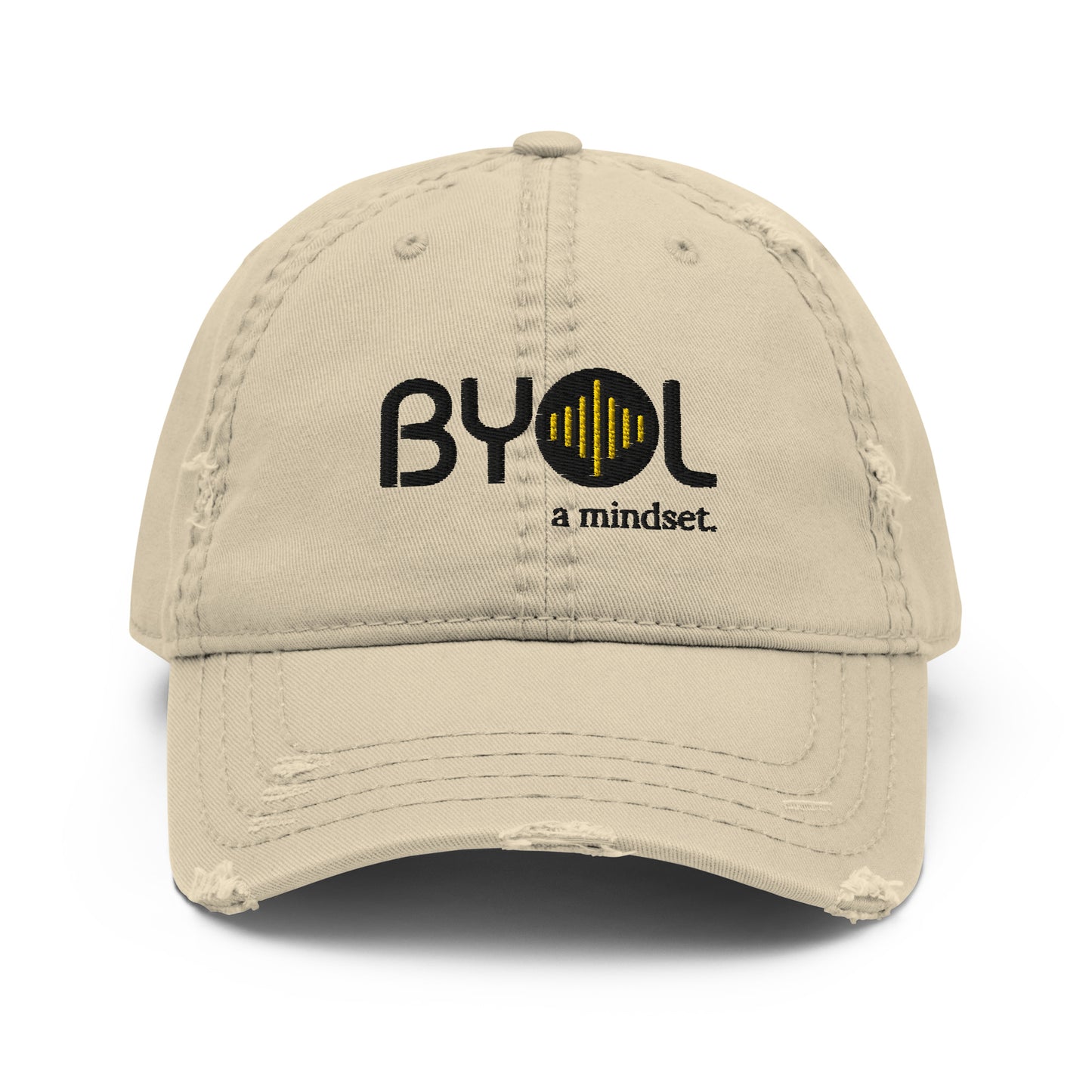 Khaki distressed dad hat with "BYOL a mindset" embroidered on the front in black and yellow, displayed against a clean background. Available in various colors: black, navy blue, gray, green, and beige.