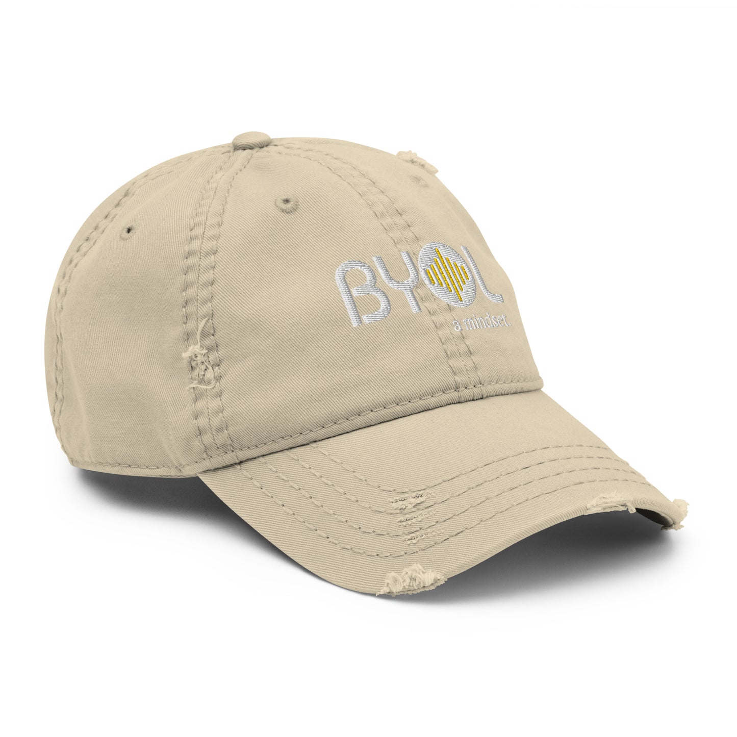 Khaki distressed dad hat with "BYOL a mindset" embroidered on the front in white and yellow, featuring intentional wear and tear details, displayed against a clean background. Available in various colors: black, navy blue, gray, green, and beige.