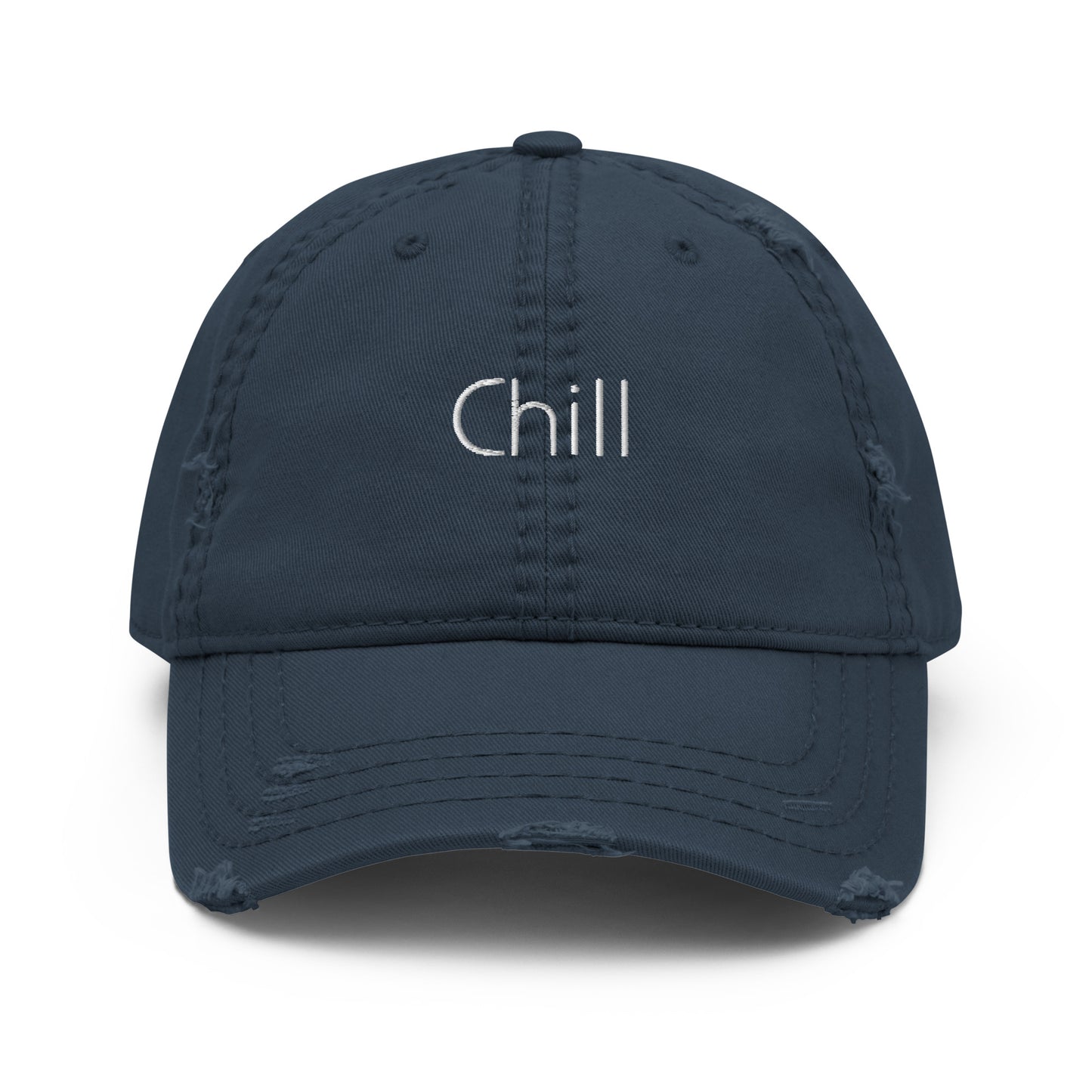 A navy blue dad hat with a slightly distressed brim and crown, featuring the word "Chill" embroidered in white on the front.