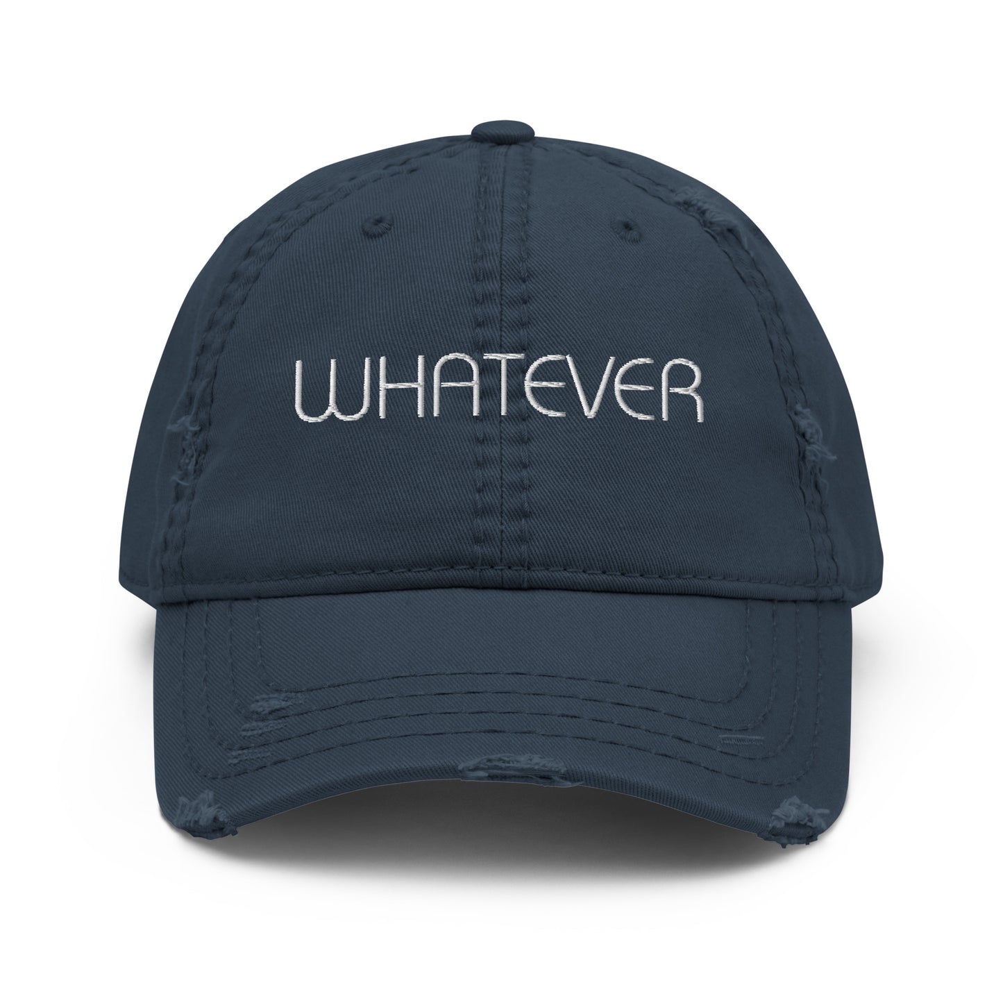 A navy blue dad hat with a slightly distressed brim and crown, featuring the word "Whatever" embroidered in white on the front.