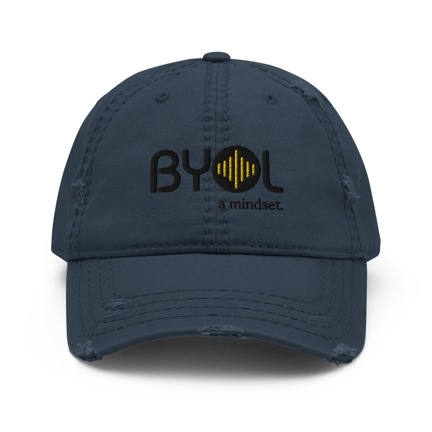 Navy blue distressed dad hat with "BYOL a mindset" embroidered on the front in black and yellow, displayed against a clean background. Available in various colors: black, navy blue, gray, green, and beige.