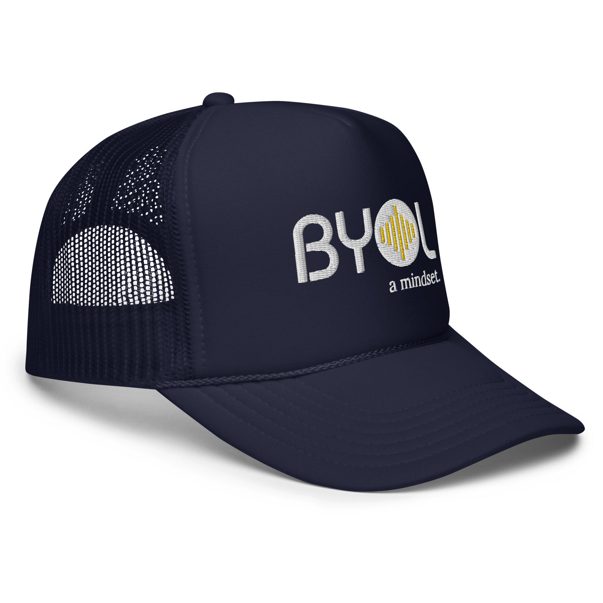 Side of blue foam trucker hat with "BYOL a mindset" embroidered on the front in white and yellow, featuring a black mesh back, displayed against a clean background. Available in various colors: black, white and blue, blue, pink, and white.