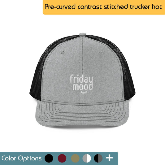 Black trucker hat with the word "RAD" embroidered in white on the front. Text "Trucker Hat" is written above the image. There are also swatches showing multiple color options.