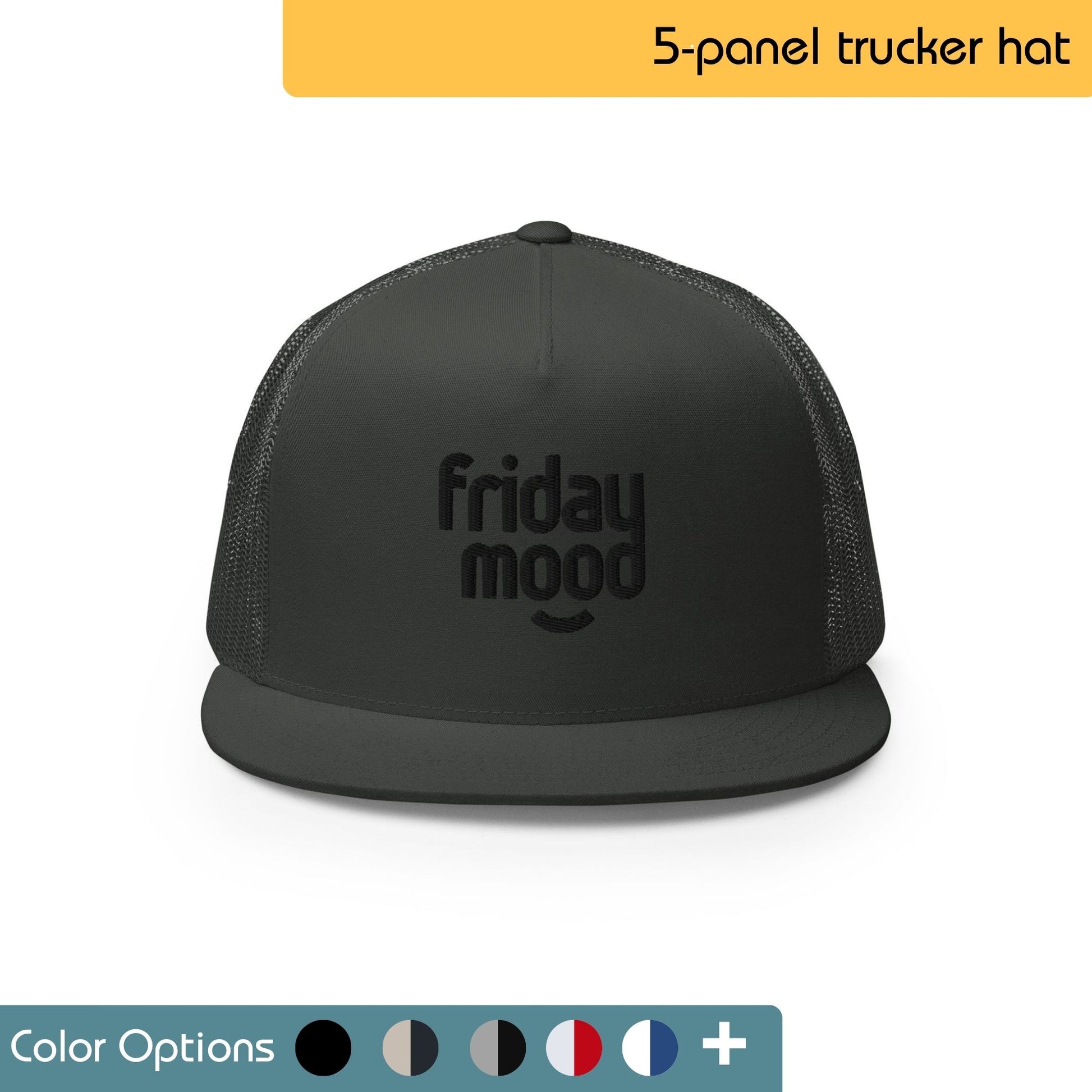 Black trucker hat with the words "Friday mood" embroidered in white on the front. Text "Trucker Cap White on Red" is written above the image. There are also swatches showing multiple color options.