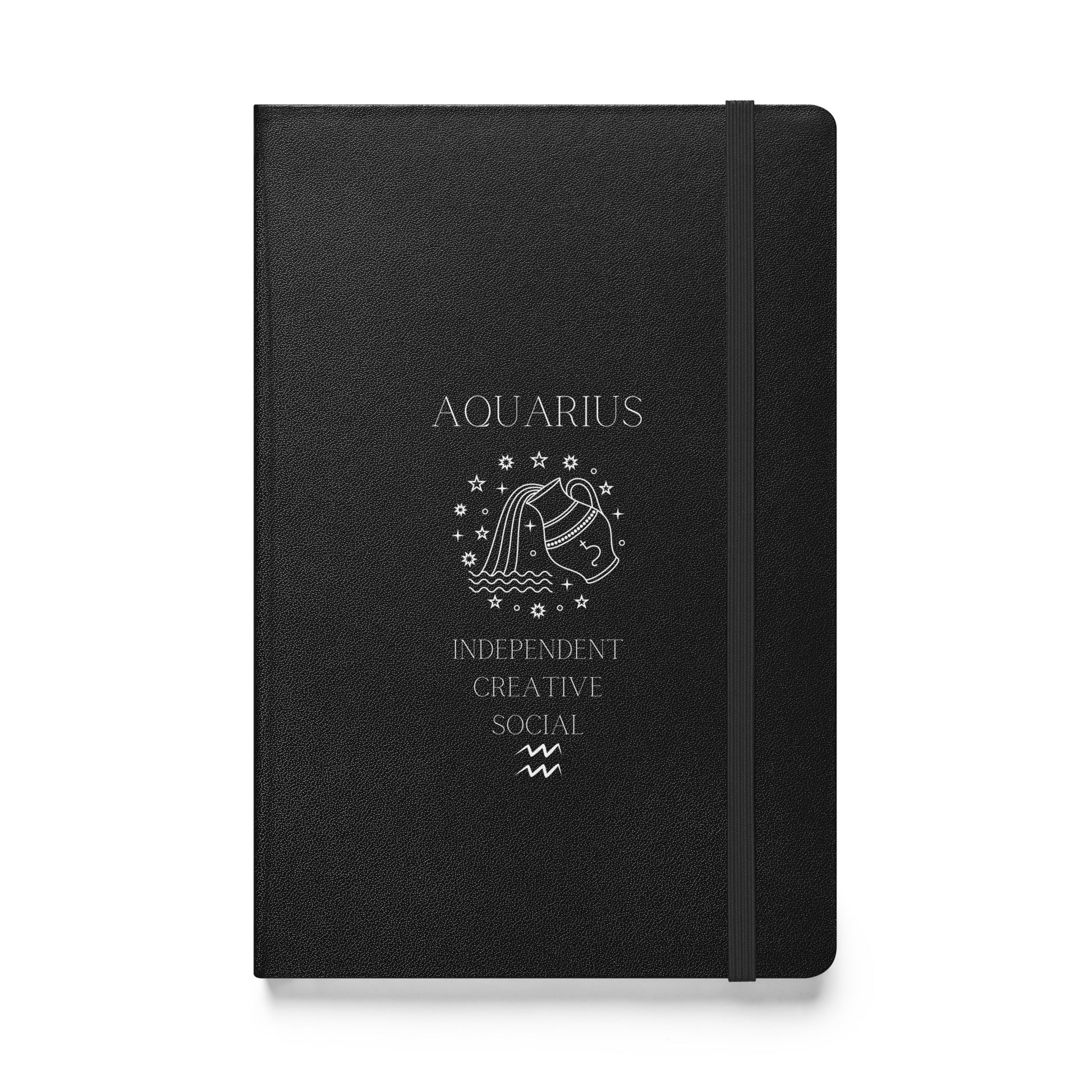 A black hardcover notebook with 'AQUARIUS' and symbolic illustrations printed in white, along with the words 'INDEPENDENT CREATIVE SOCIAL'. The notebook features an elastic closure.