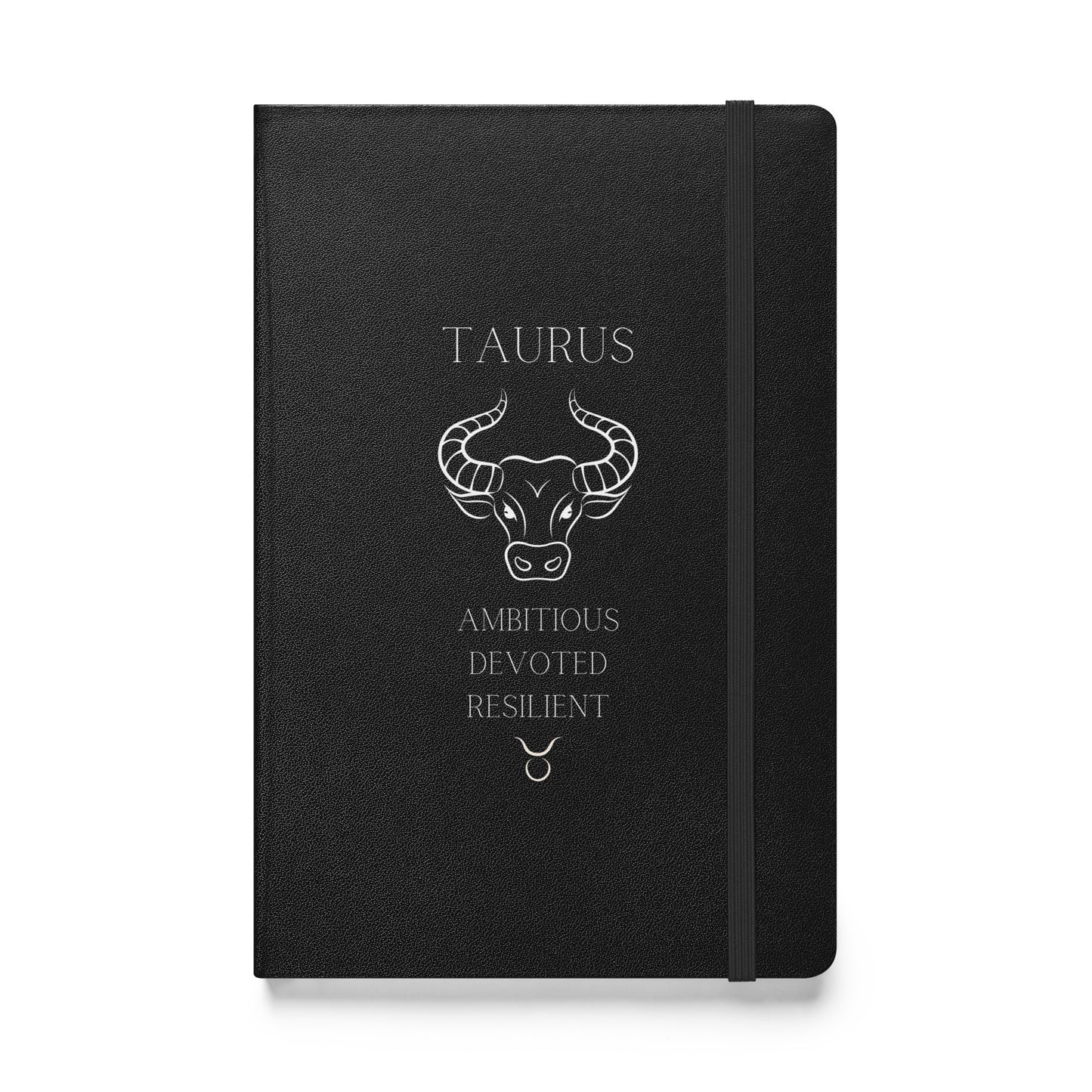 Black notebook with the word "Taurus" at the top along with the taurus animal, three personality traits and the sign. 