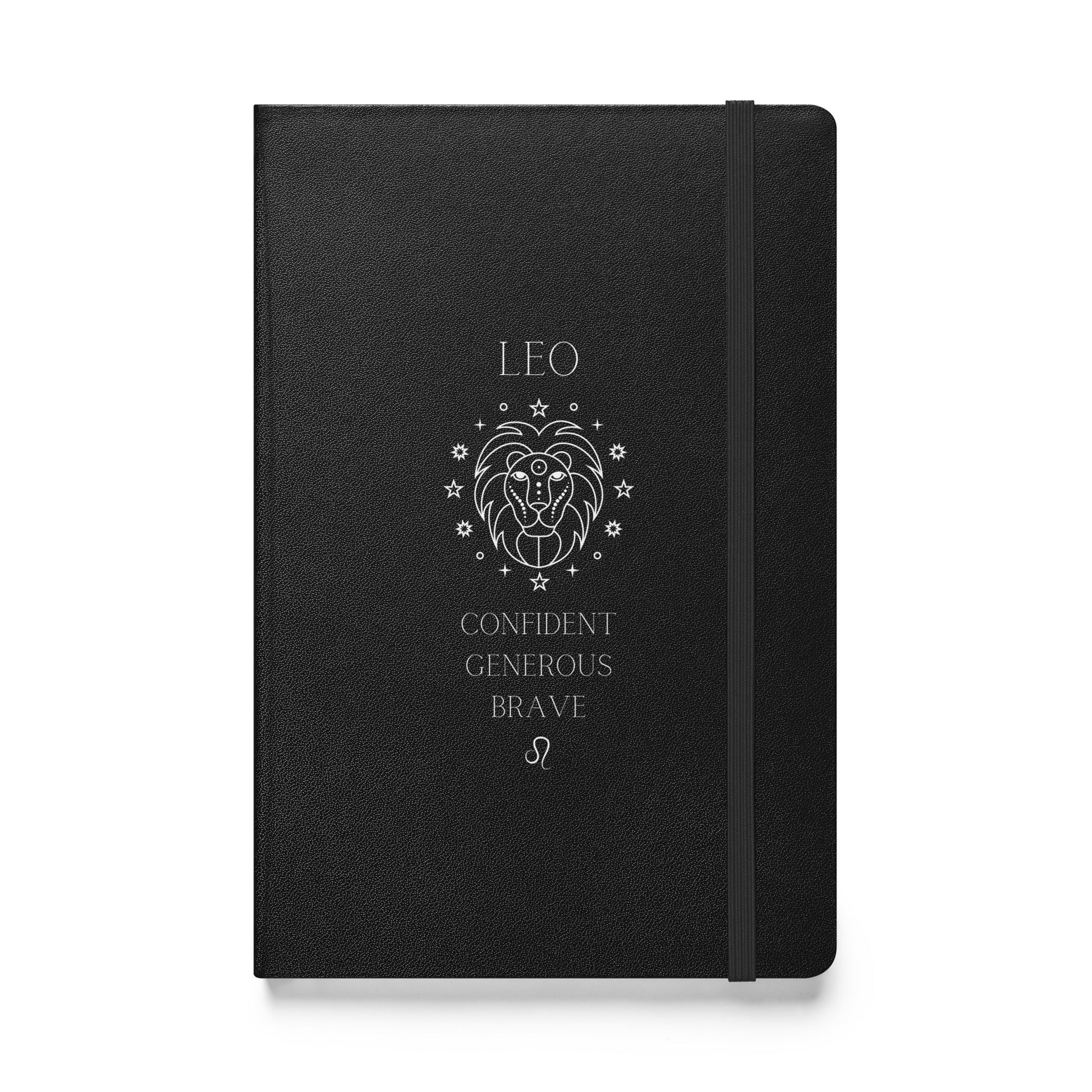 black hardcover notebook with the word "low" on top, then an image of a lion followed by three different leo traits and the leo zodiac sign. 