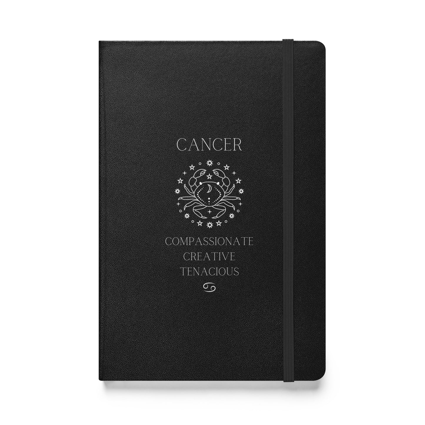 Black hardcover notebook that says "cancer" at the top with the an image of the cancer animal followed by three caner traits and the cancer zodiac sign