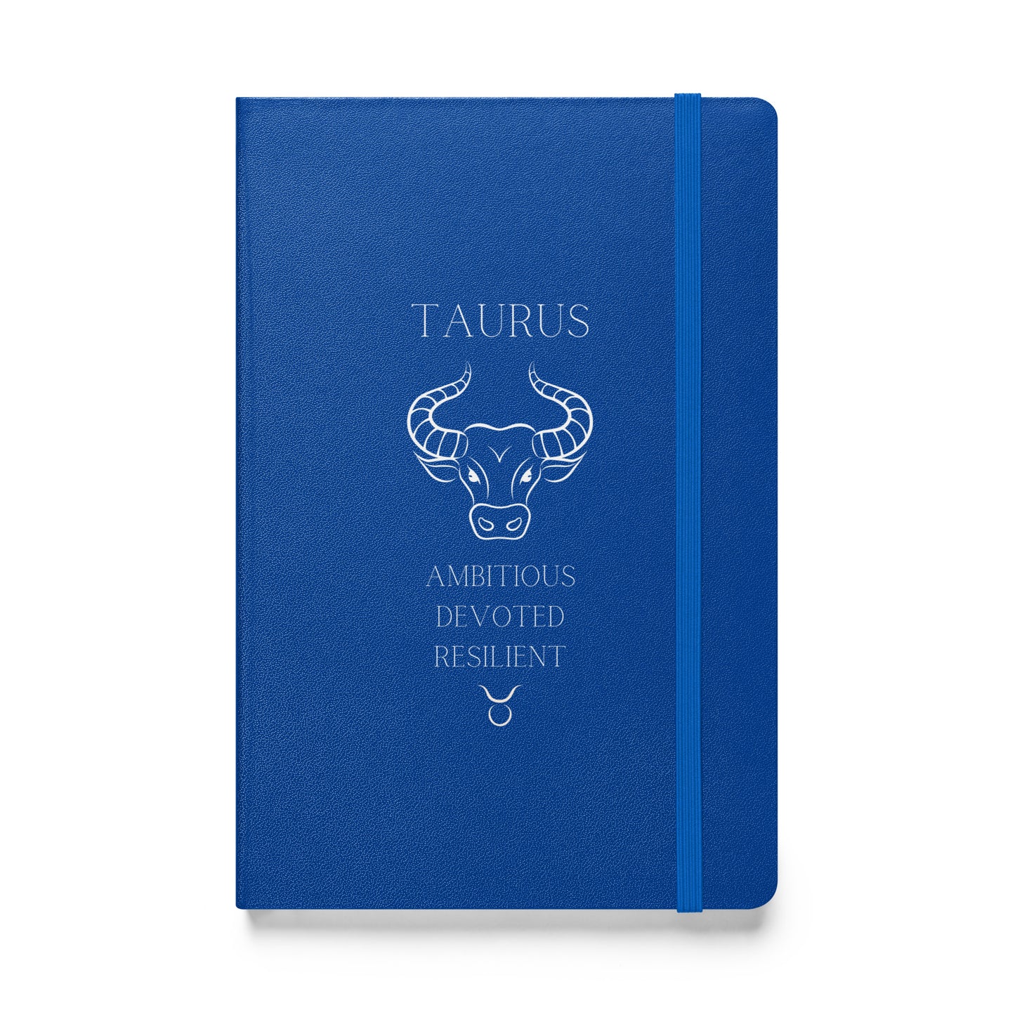 Blue notebook with the word "Taurus" at the top along with the taurus animal, three personality traits and the sign. 