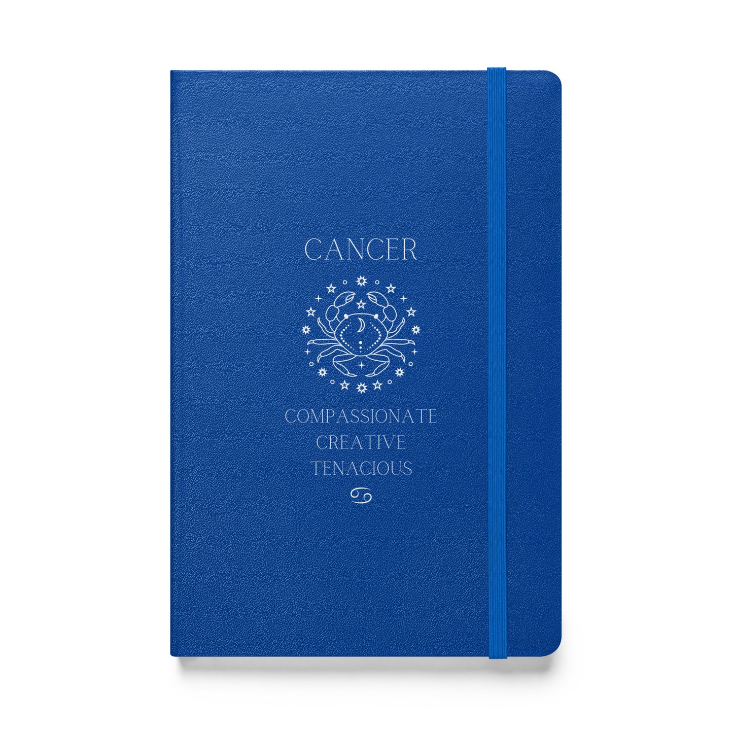 bLUE hardcover notebook that says "cancer" at the top with the an image of the cancer animal followed by three caner traits and the cancer zodiac sign