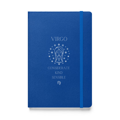 Blue hardcover notebook with the word "virgo" at the top with the mage of the women that represents the virgo, followed by three traits of the virgo and the virgo zodiac sign