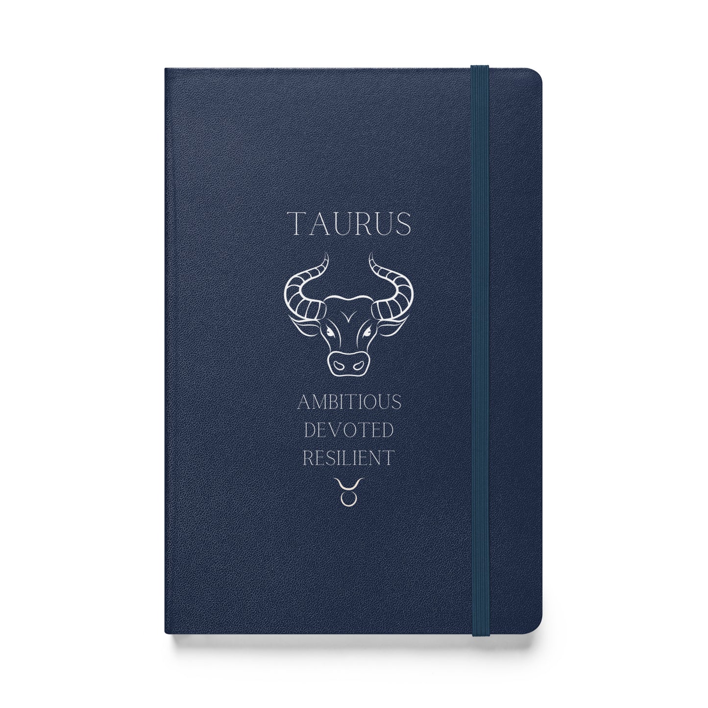 Navy Blue notebook with the word "Taurus" at the top along with the taurus animal, three personality traits and the sign. 