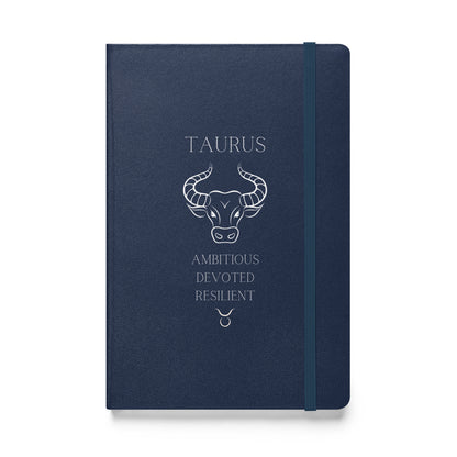 Navy Blue notebook with the word "Taurus" at the top along with the taurus animal, three personality traits and the sign. 