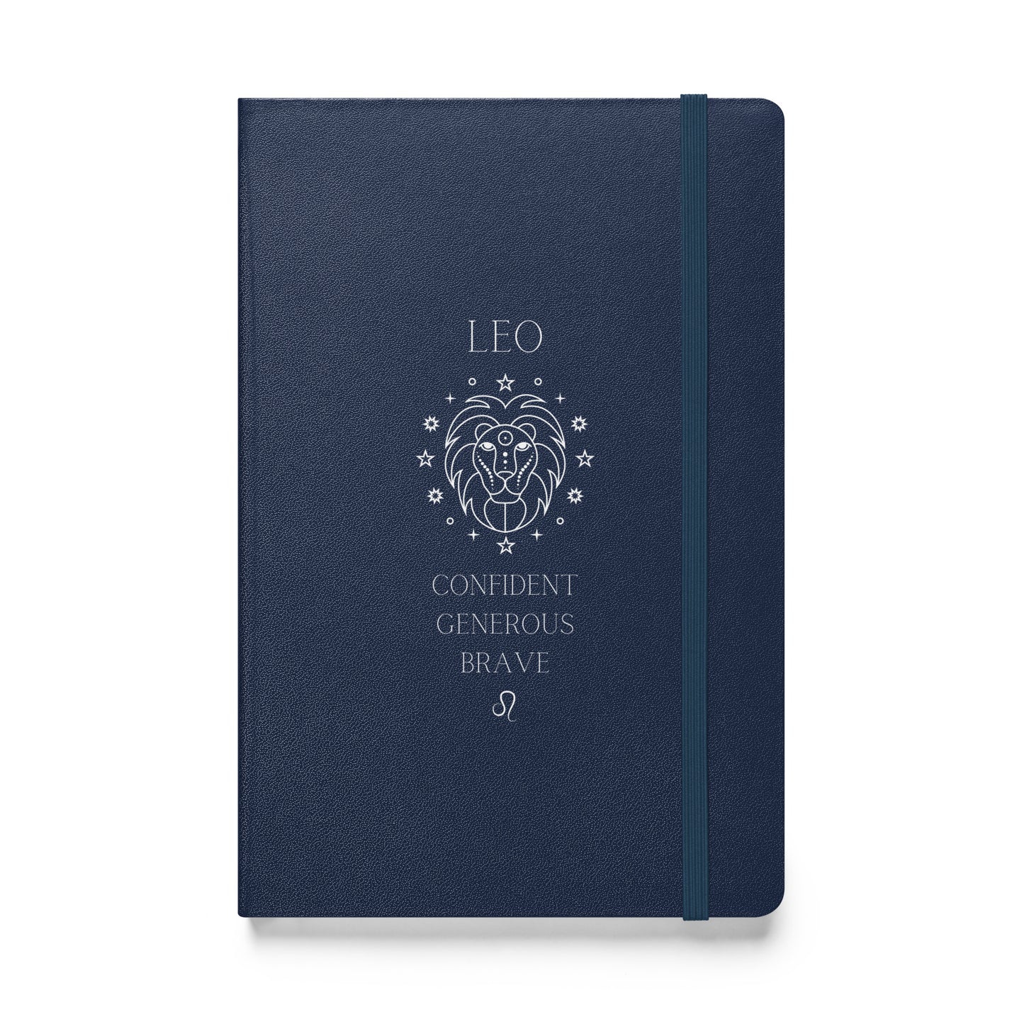 Navy hardcover notebook with the word "low" on top, then an image of a lion followed by three different leo traits and the leo zodiac sign. 