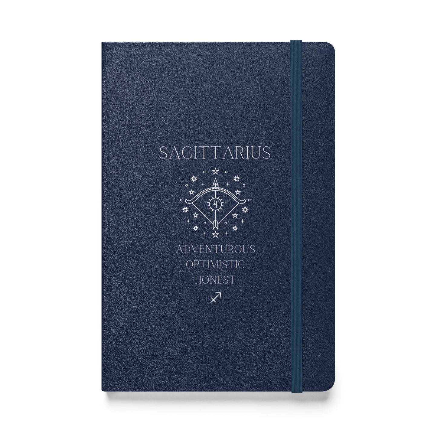 A navy hardbound notebook with the word "Sagittarius" at the top and the image of a bow, as well as three characteristics and the zodiac sign