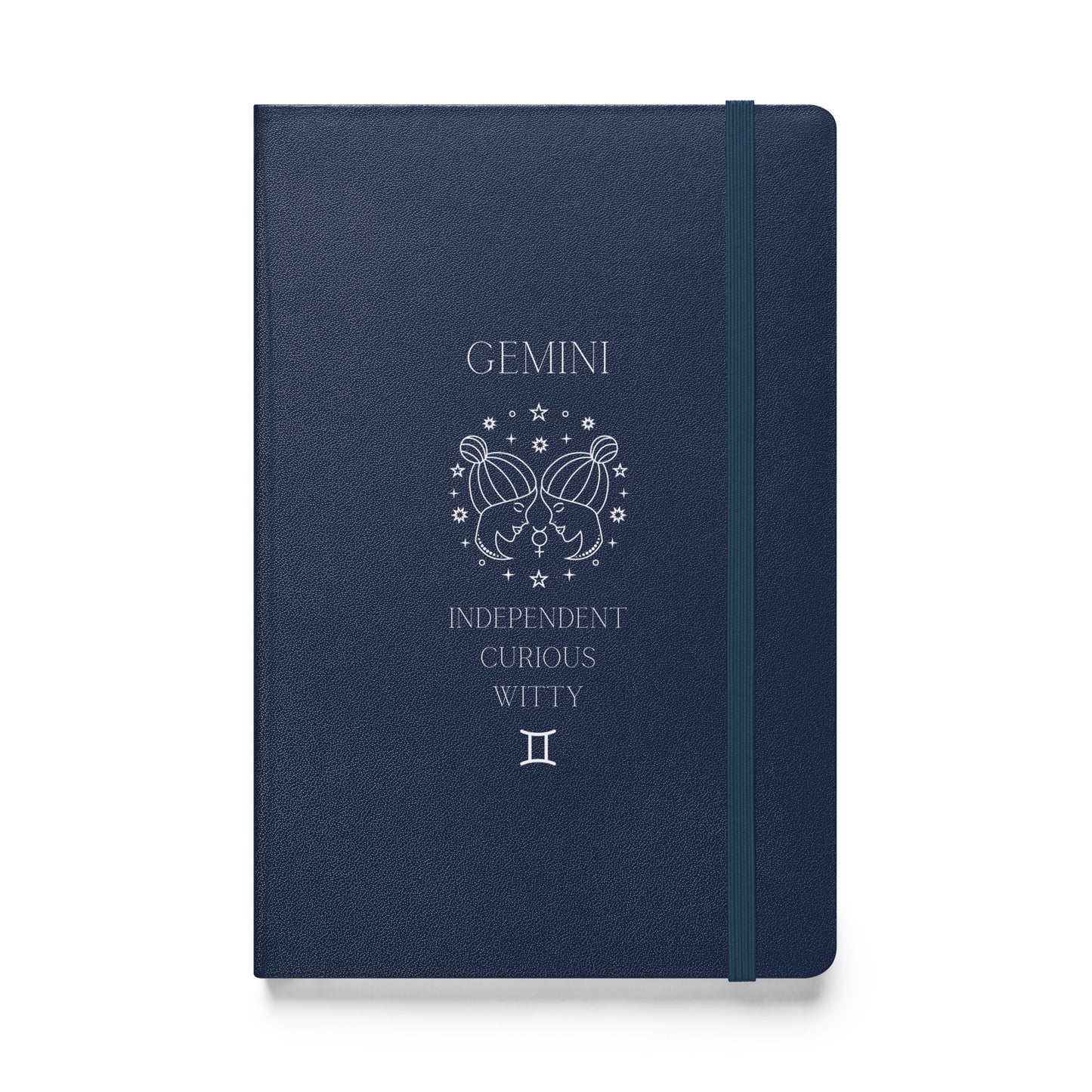 Navy hardcover notebook with the word "Gemini" and an image of two women facing eachother with a list of three characteristics and the gemini zodiac sign