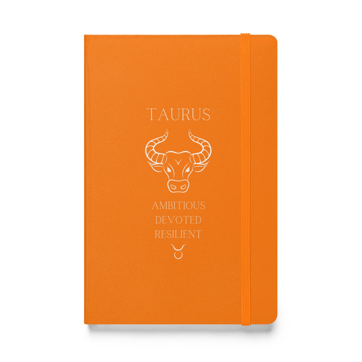 Orange notebook with the word "Taurus" at the top along with the taurus animal, three personality traits and the sign. 