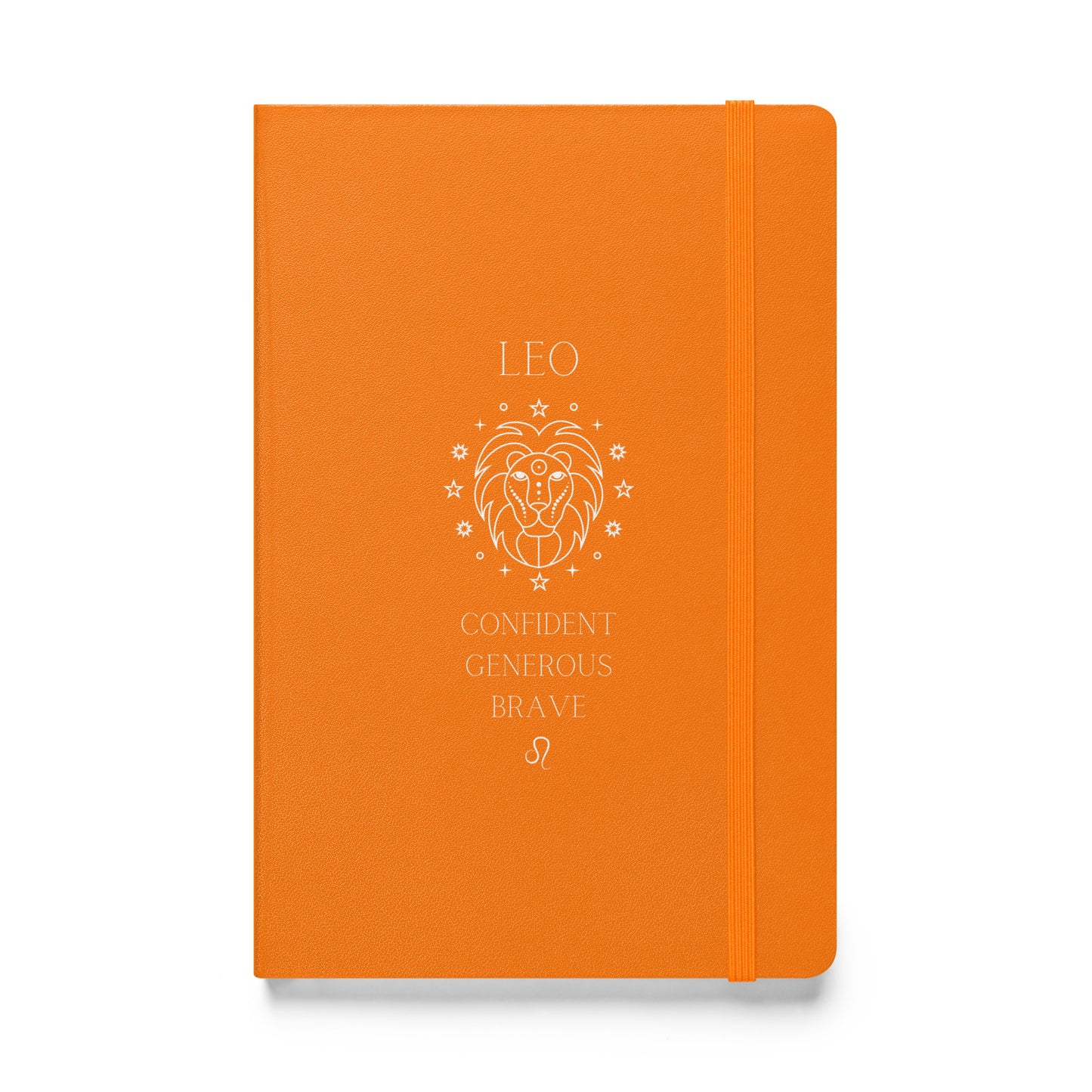 Orange hardcover notebook with the word "low" on top, then an image of a lion followed by three different leo traits and the leo zodiac sign. 