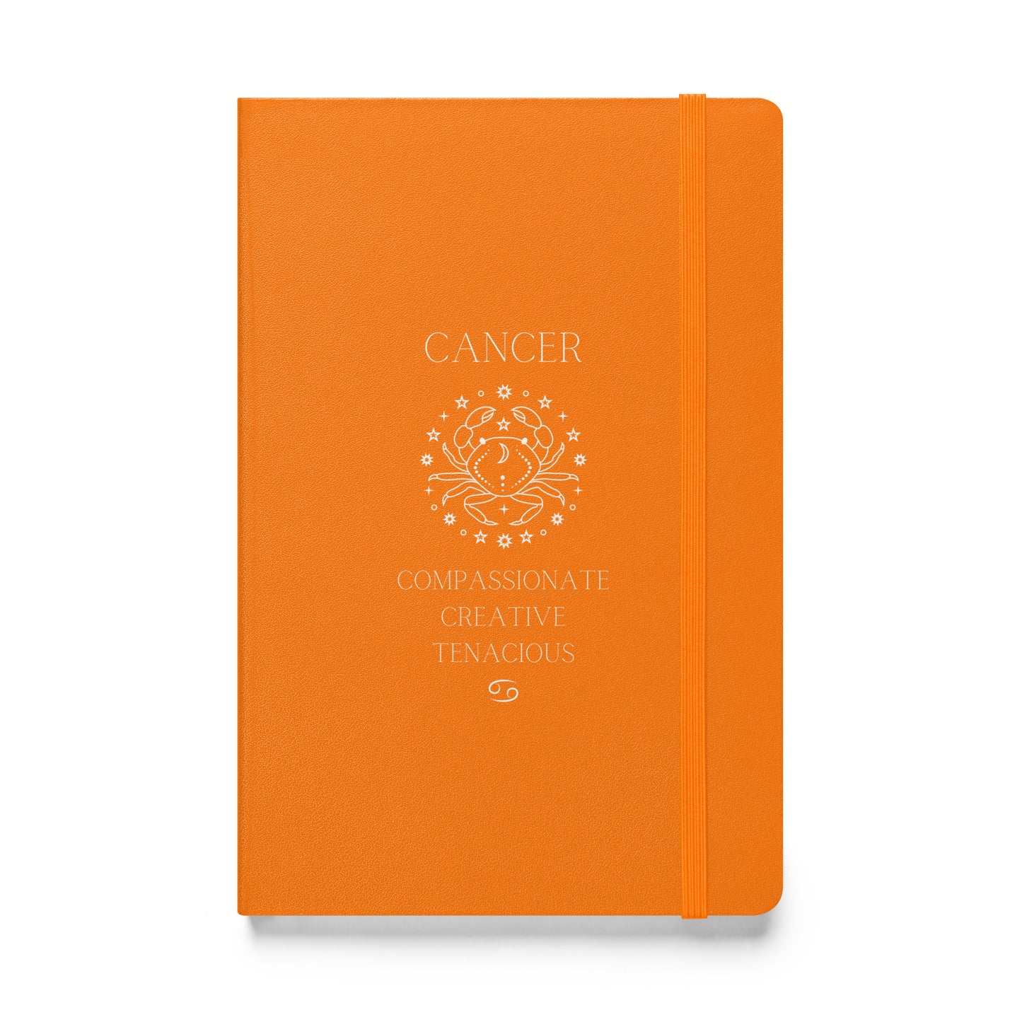 Orange hardcover notebook that says "cancer" at the top with the an image of the cancer animal followed by three caner traits and the cancer zodiac sign