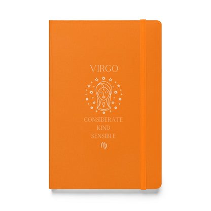 Orange hardcover notebook with the word "virgo" at the top with the mage of the women that represents the virgo, followed by three traits of the virgo and the virgo zodiac sign