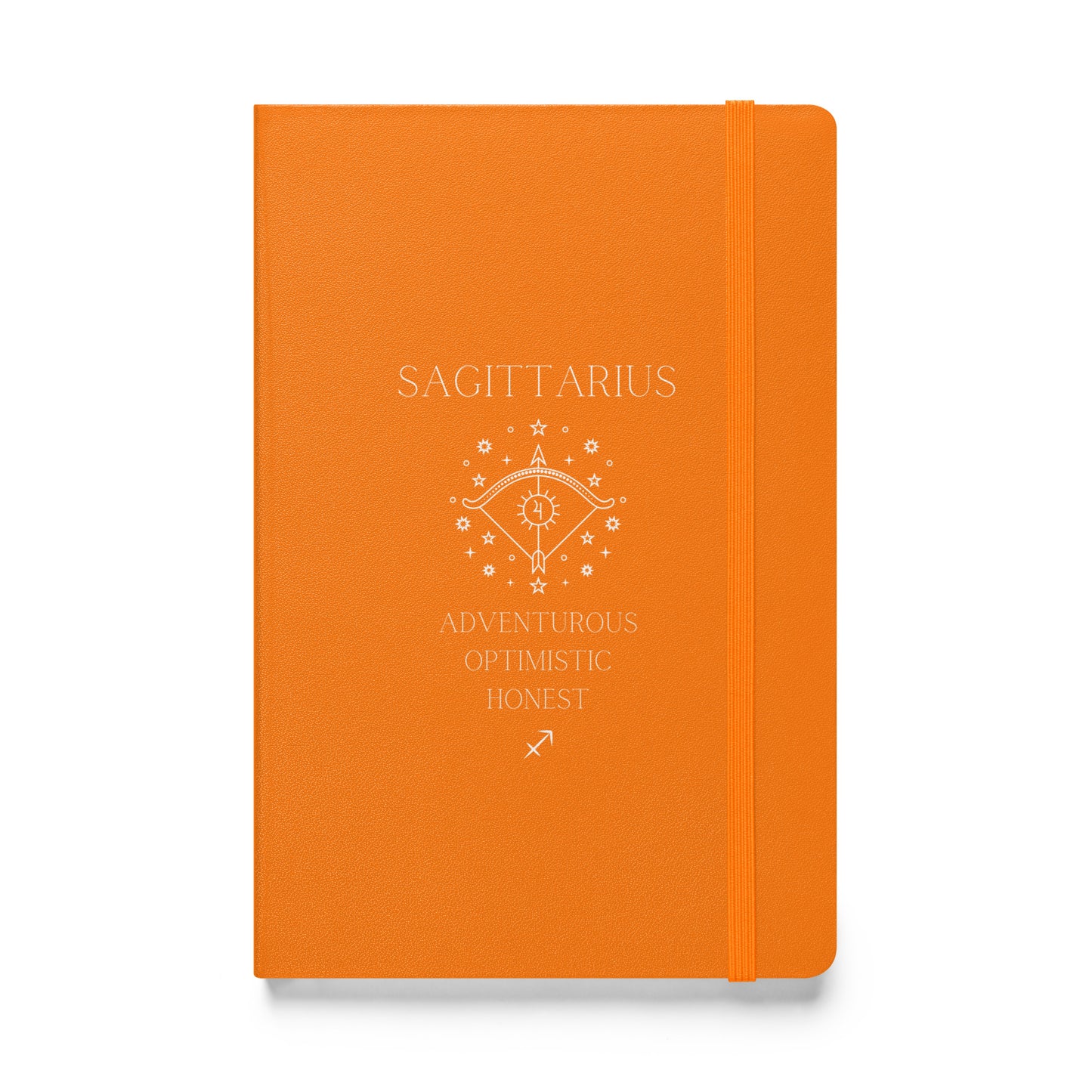 A orange hardbound notebook with the word "Sagittarius" at the top and the image of a bow, as well as three characteristics and the zodiac sign