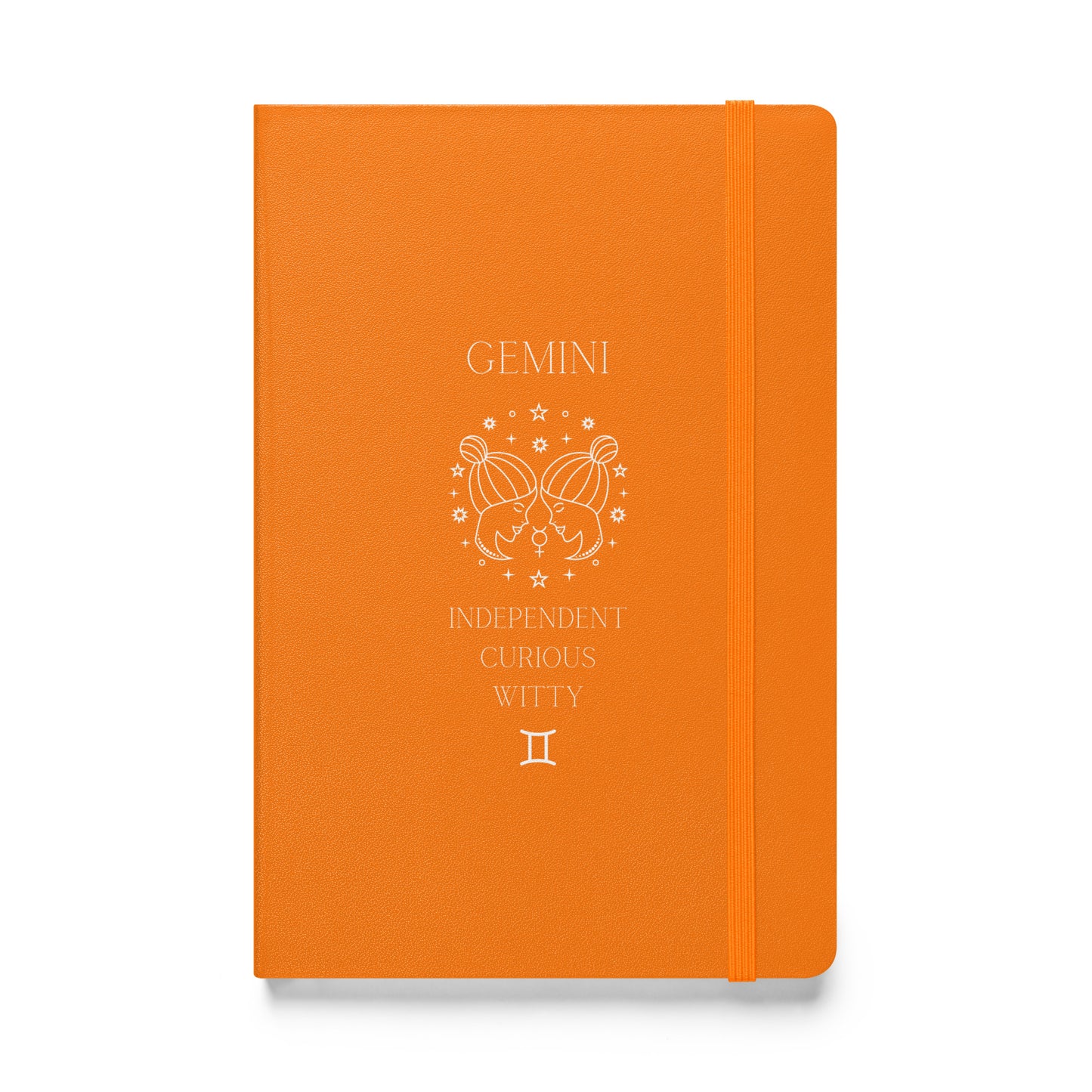 Orange hardcover notebook with the word "Gemini" and an image of two women facing eachother with a list of three characteristics and the gemini zodiac sign