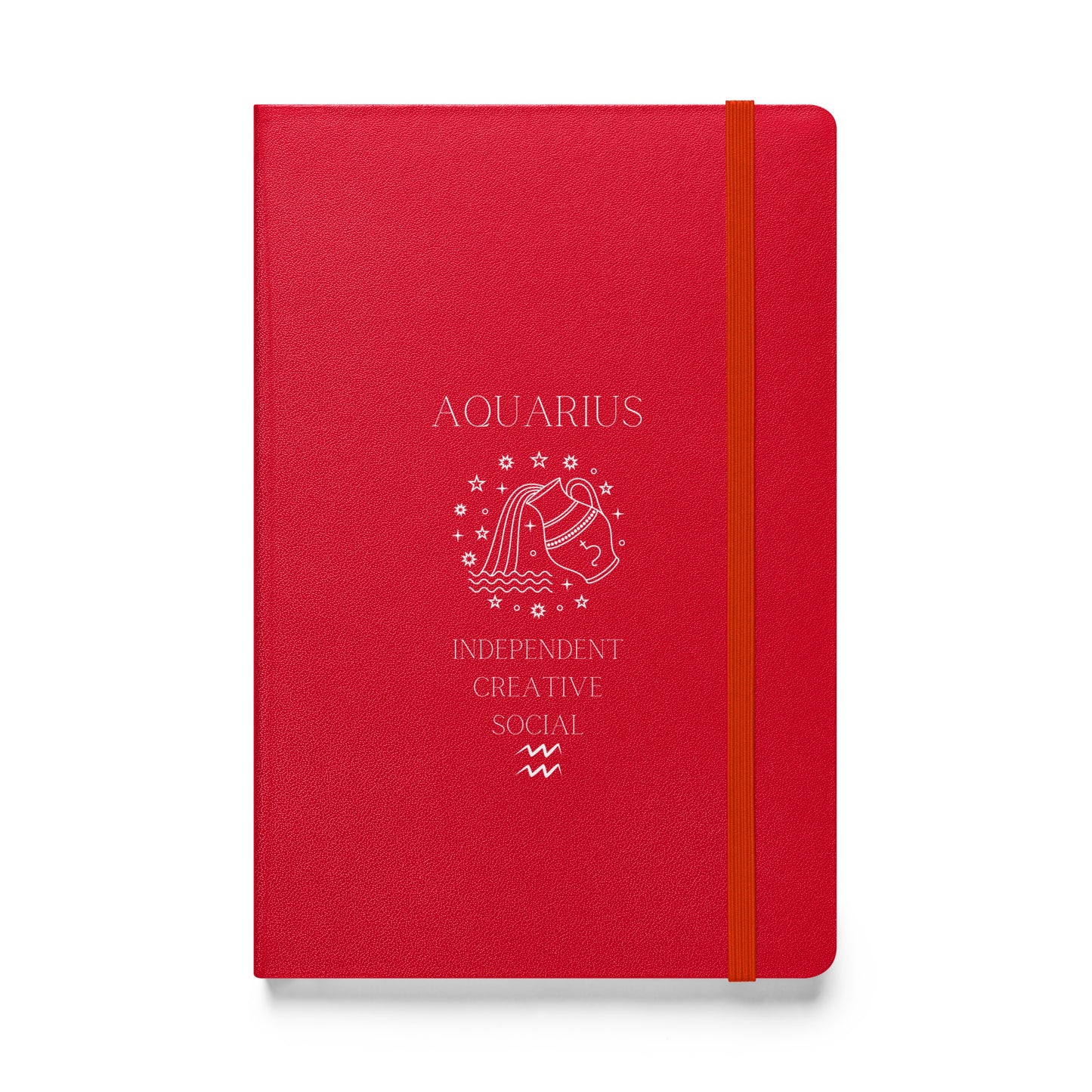 A red hardcover notebook with 'AQUARIUS' and symbolic illustrations printed in white, along with the words 'INDEPENDENT CREATIVE SOCIAL'. The notebook features an elastic closure.