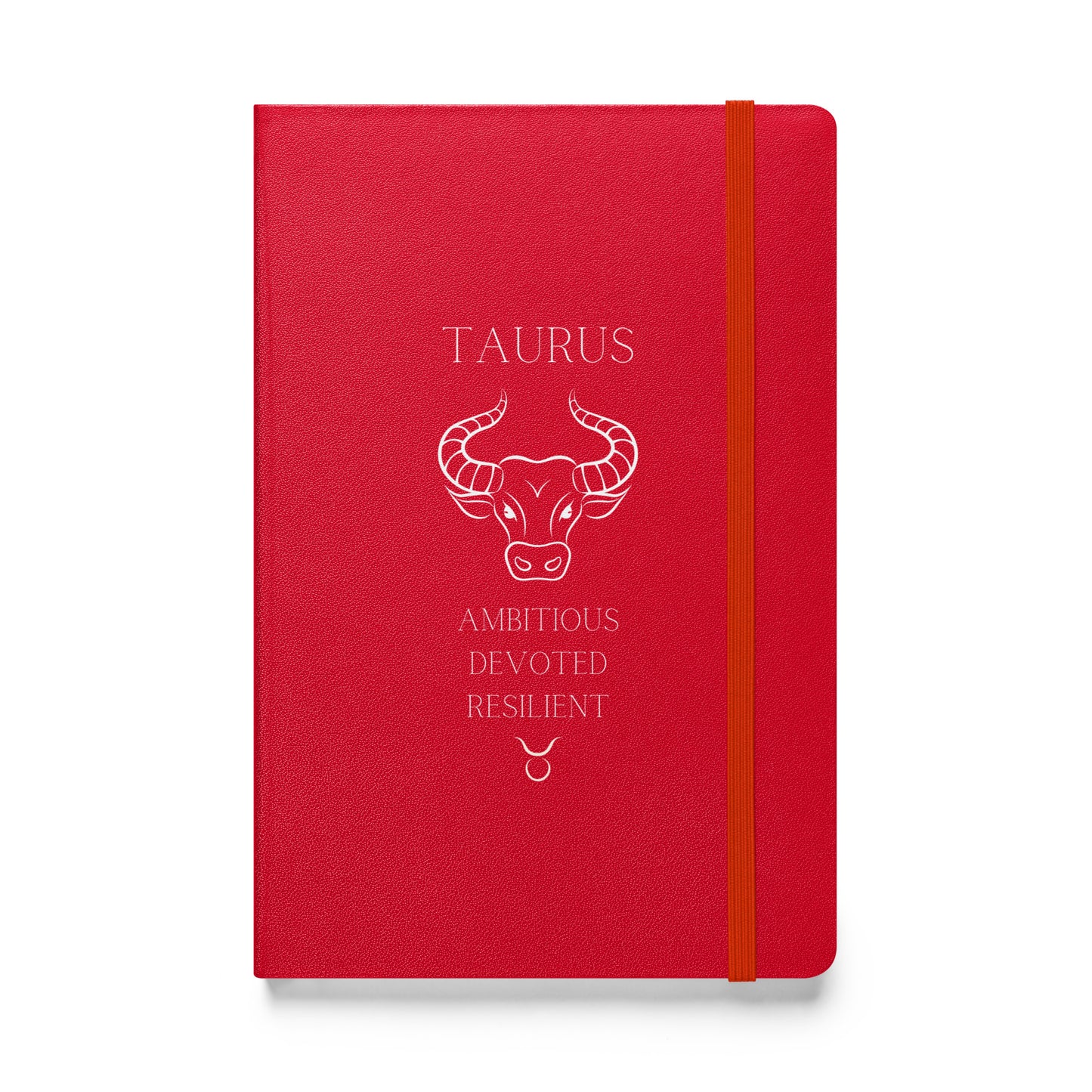 Red notebook with the word "Taurus" at the top along with the taurus animal, three personality traits and the sign. 