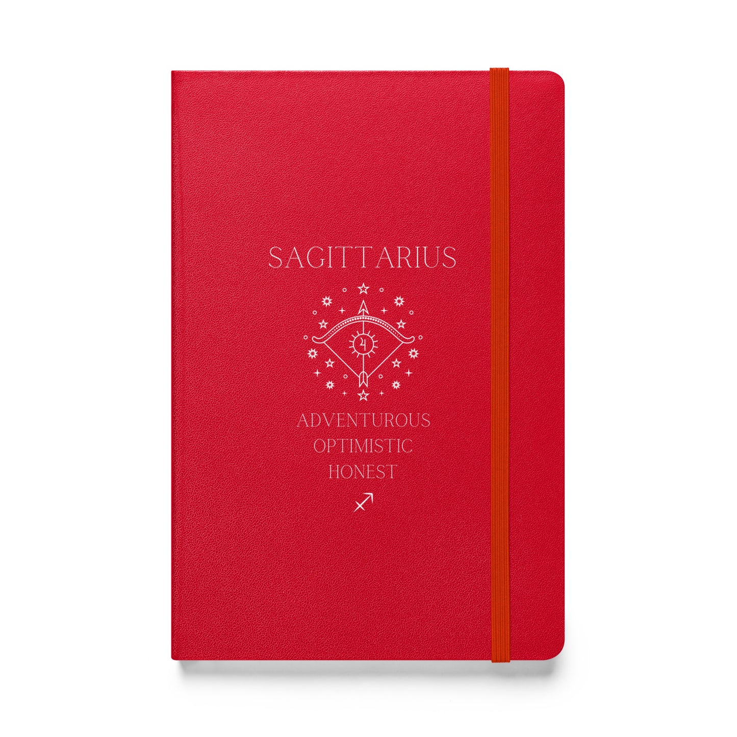 A red hardbound notebook with the word "Sagittarius" at the top and the image of a bow, as well as three characteristics and the zodiac sign