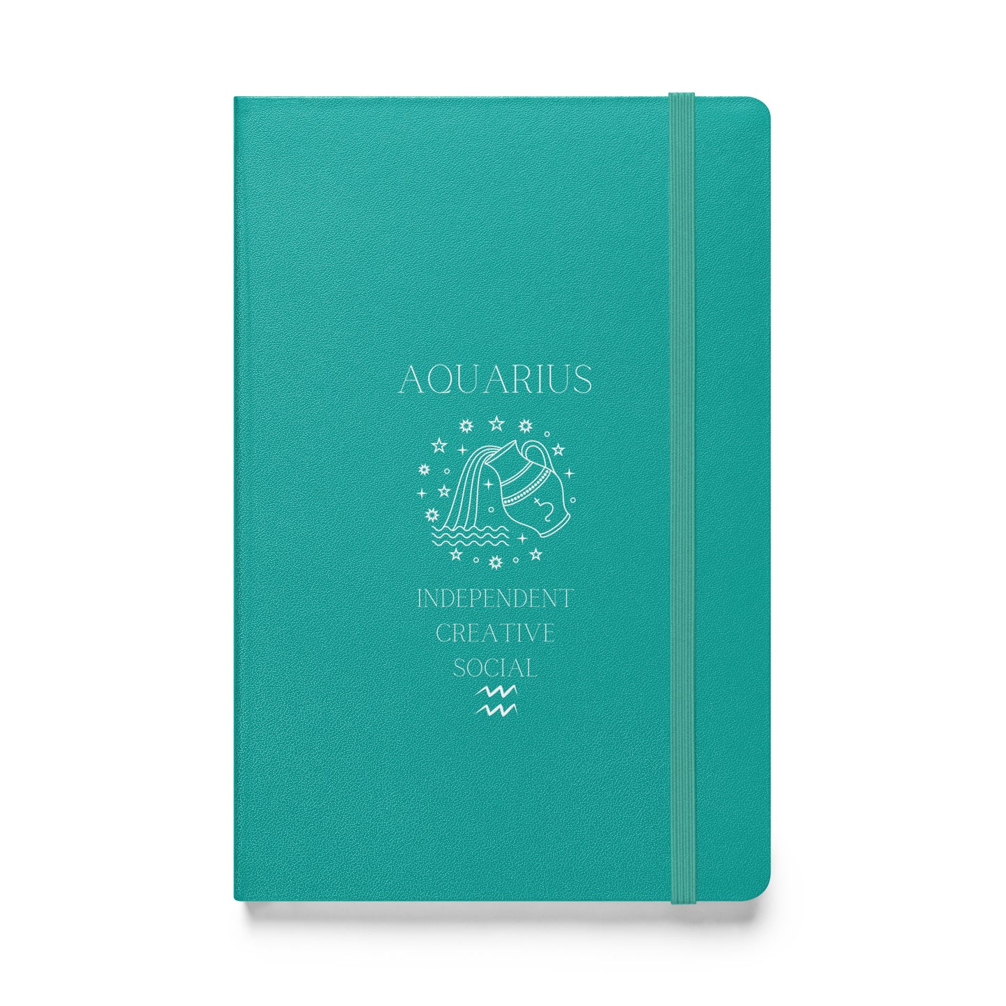 A turqoise hardcover notebook with 'AQUARIUS' and symbolic illustrations printed in white, along with the words 'INDEPENDENT CREATIVE SOCIAL'. The notebook features an elastic closure.