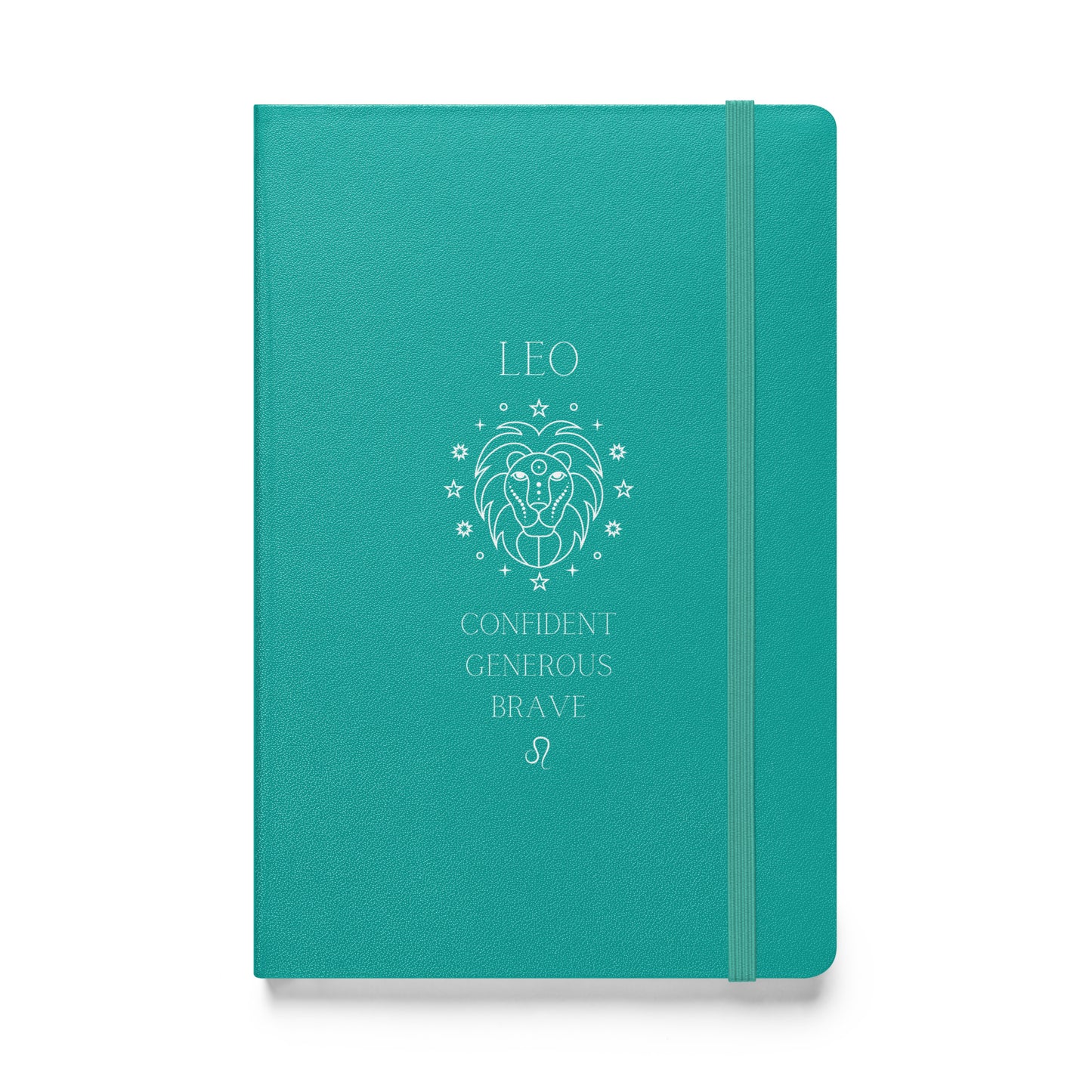 Turquois hardcover notebook with the word "low" on top, then an image of a lion followed by three different leo traits and the leo zodiac sign. 