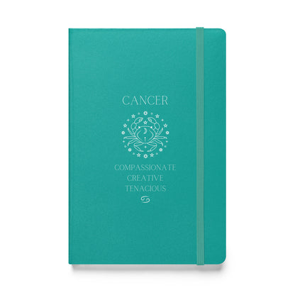 Turqouise hardcover notebook that says "cancer" at the top with the an image of the cancer animal followed by three caner traits and the cancer zodiac sign